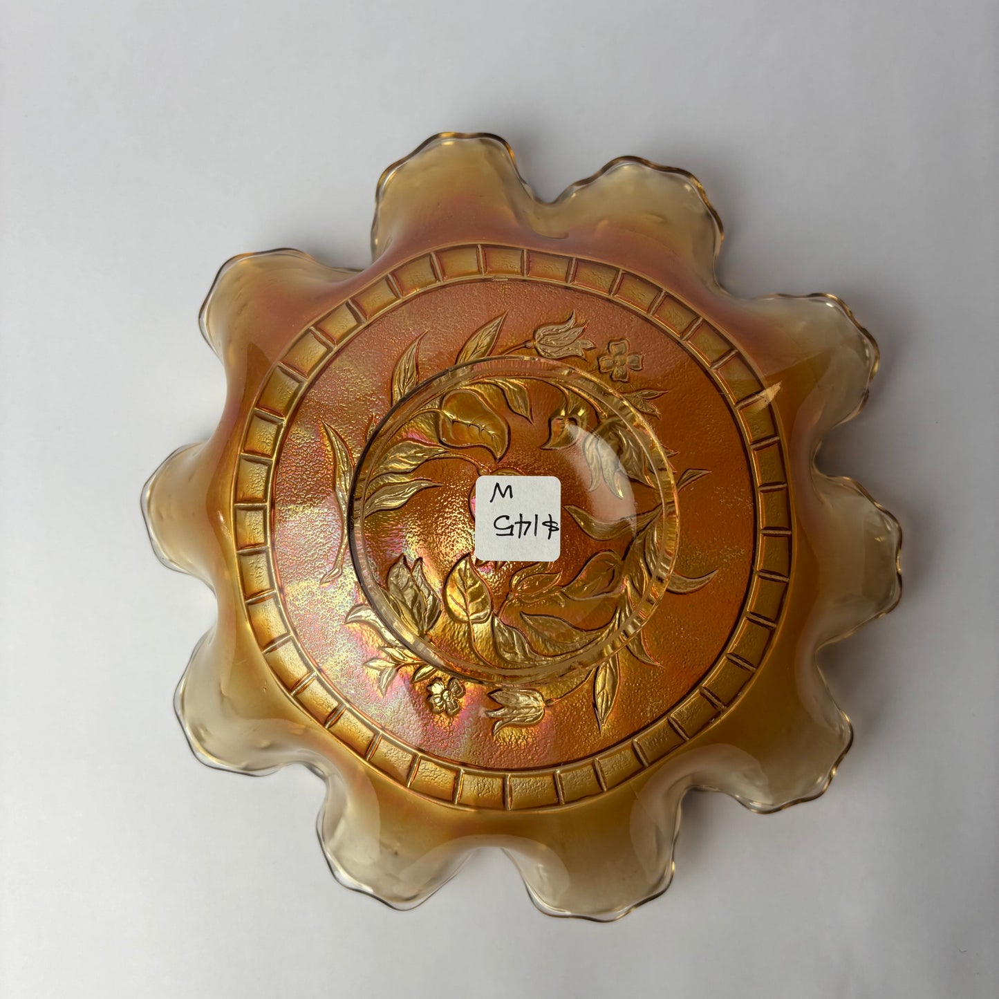 Vintage Marigold Carnival Glass Ruffled Bowl – Floral Pattern