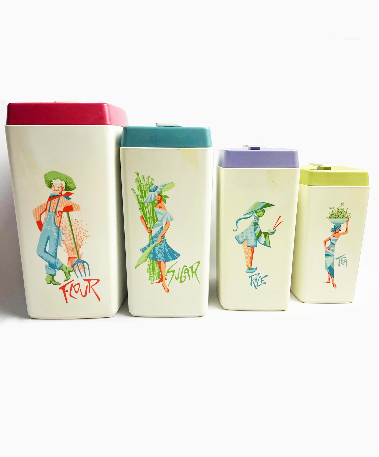 Retro kitchen canister set (Tallest 26cm, some typical wear)