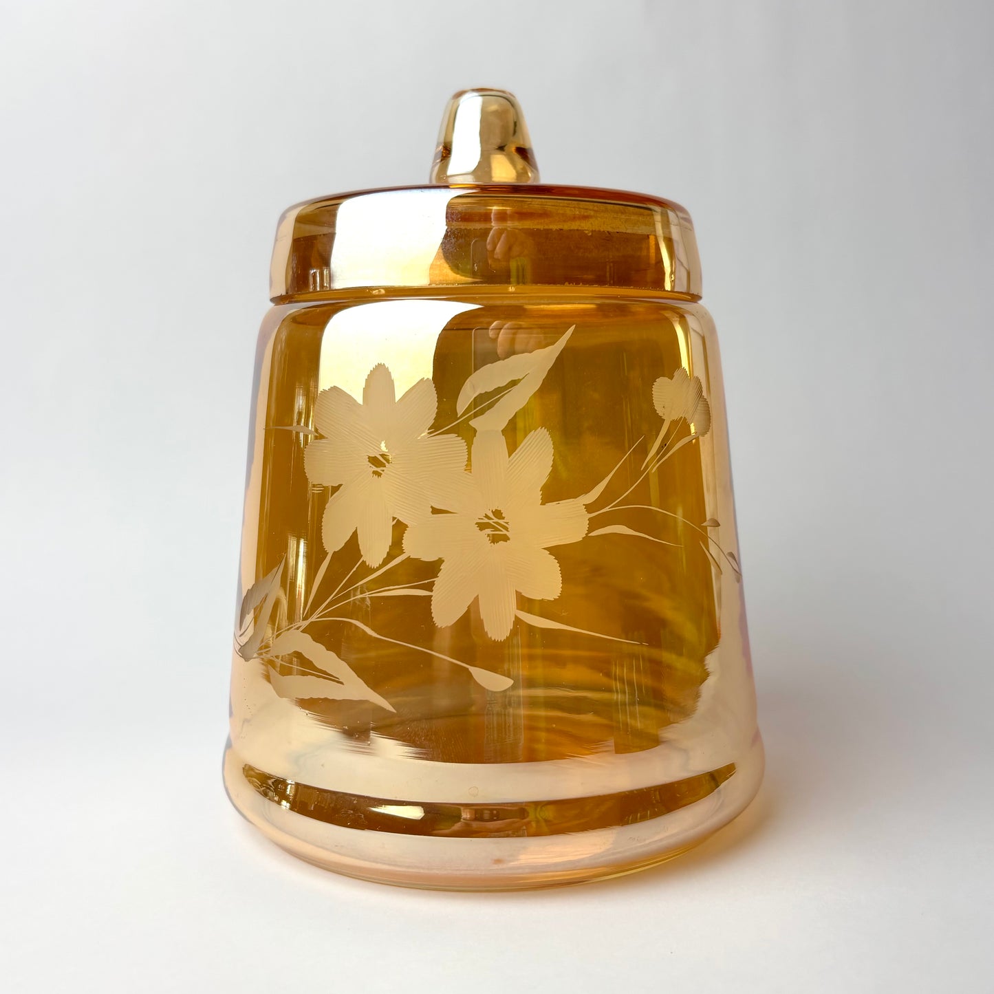 Marigold Glass Lidded Canister / Cookie Jar with Etched Floral Design (Unmarked)