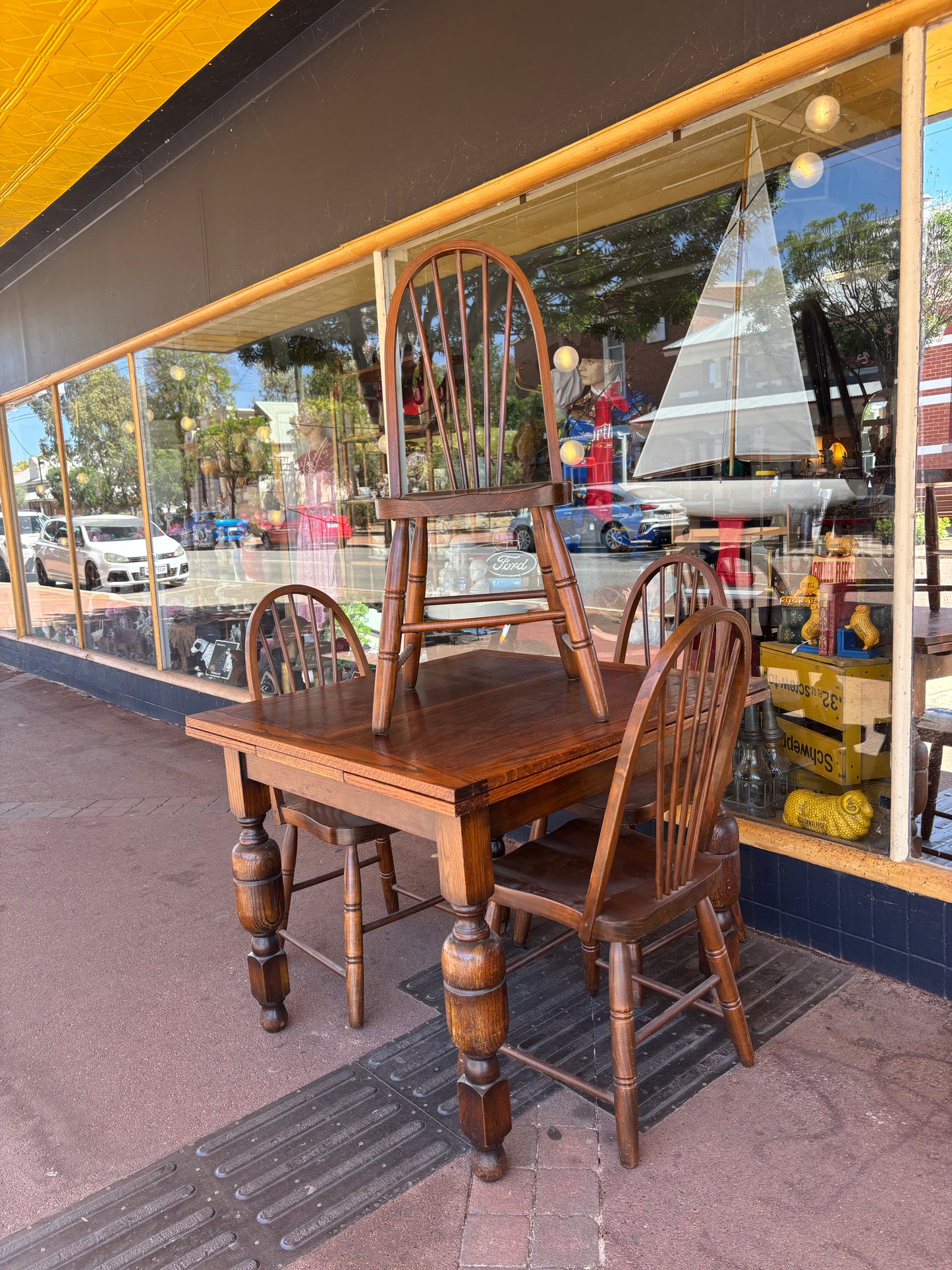Square oak extension dining table and chairs