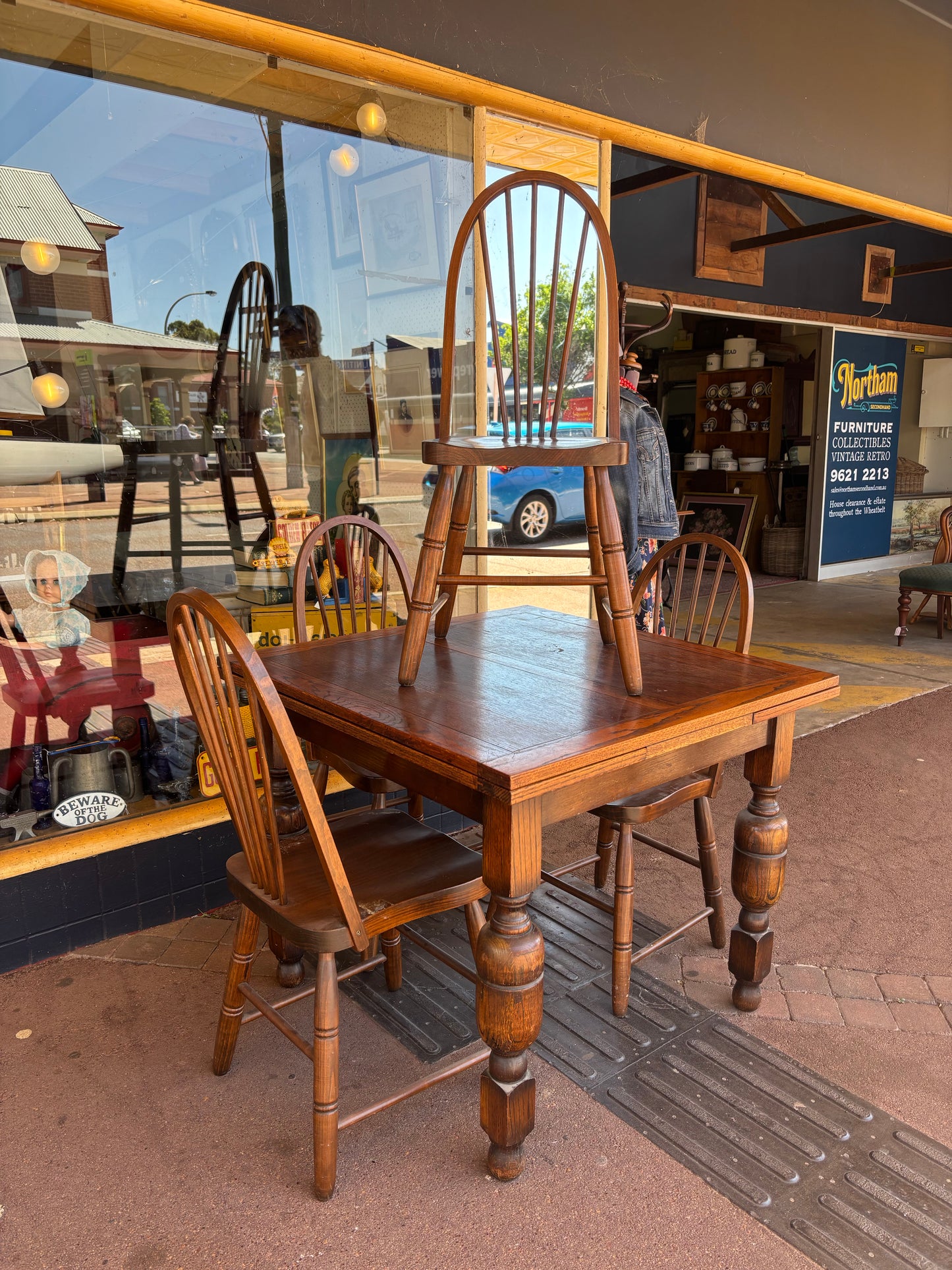 Square oak extension dining table and chairs