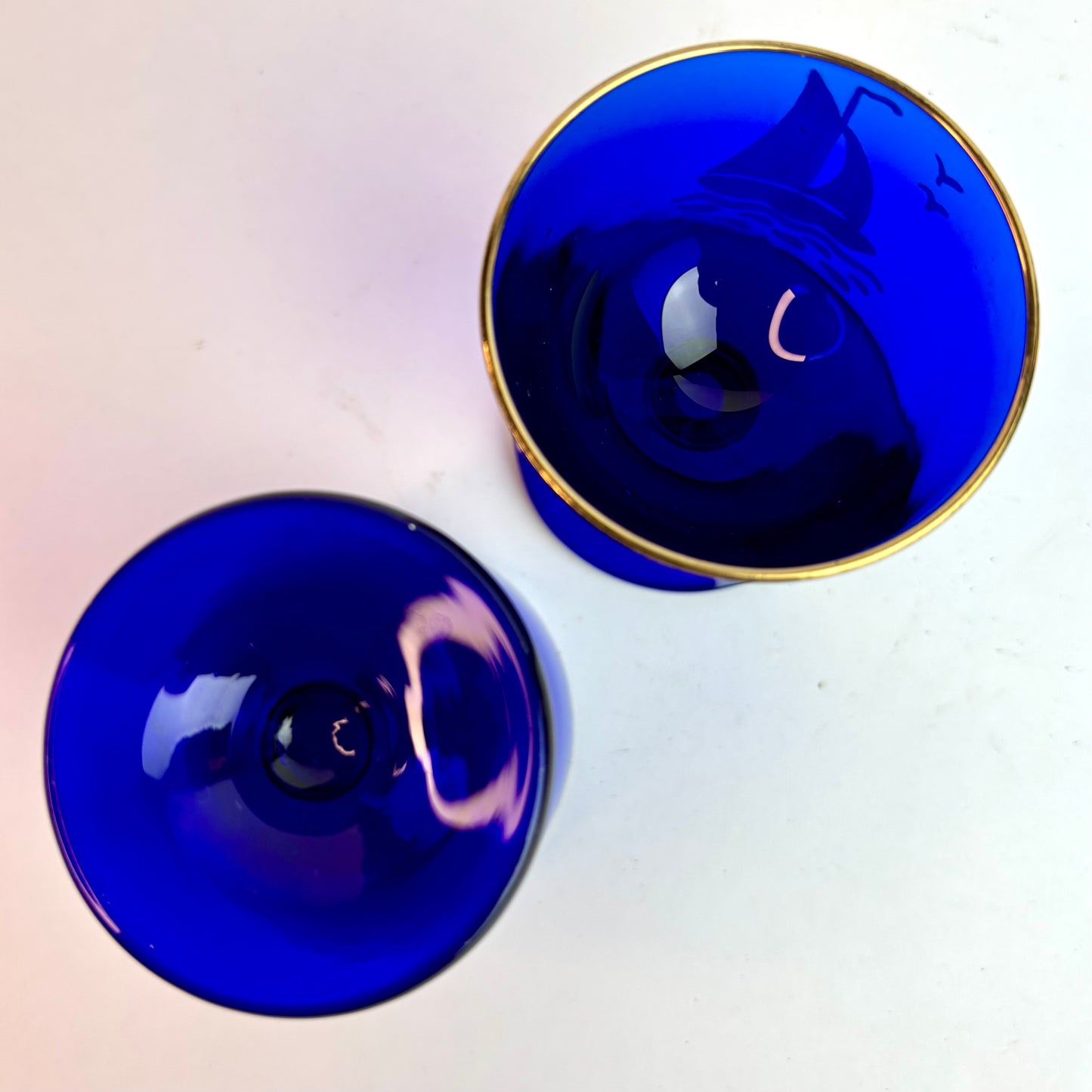 Pair Vintage Bristol Blue Glass Goblets with Hand-Painted Sailing Ships & Gilt Rims