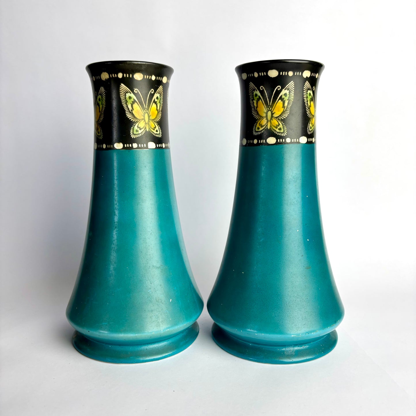 Pair Shelley Vases Pattern 799 – Turquoise Drip Glaze with Butterfly Border – England c1930s