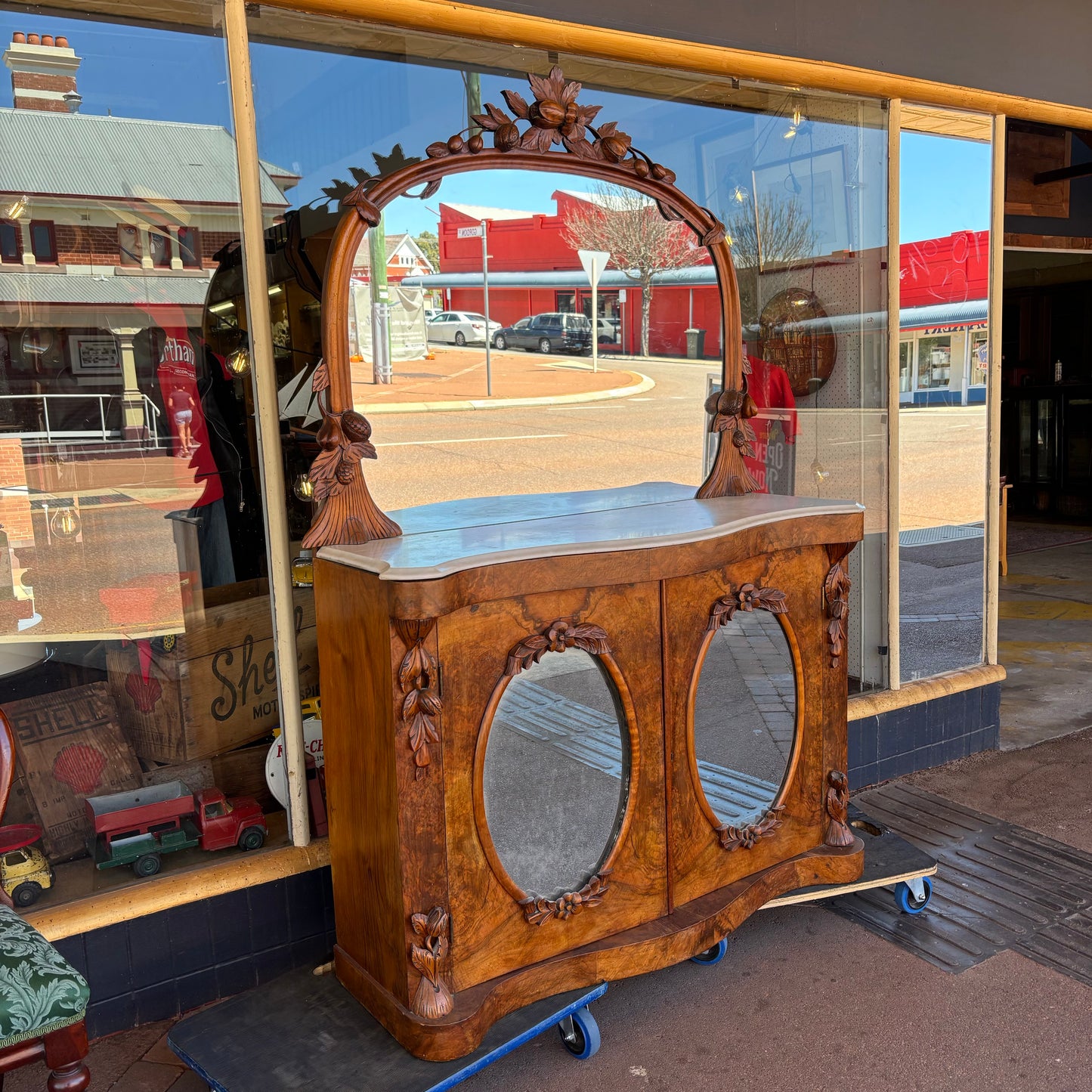 Victorian Burr Walnut Chiffonier with Marble Top & Mirror Back – c.1875
