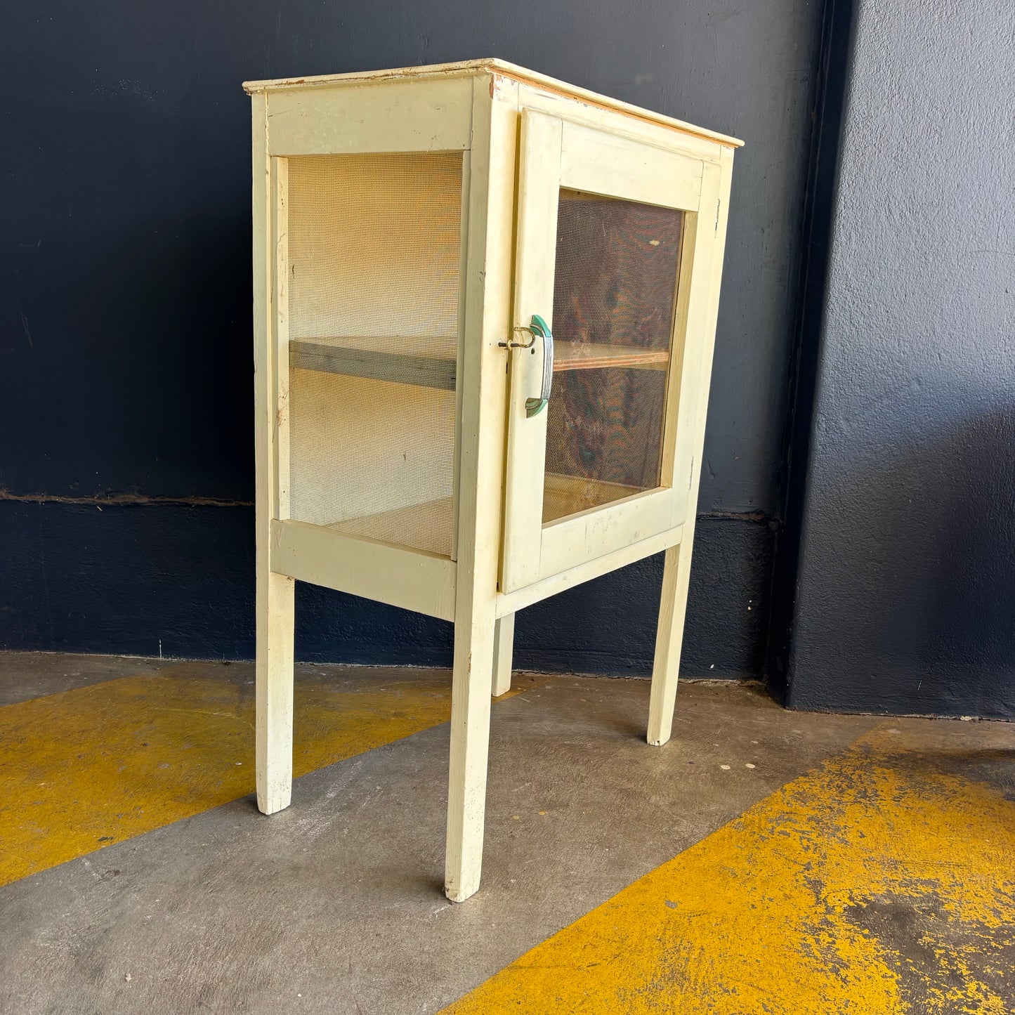 Vintage Cream-Painted Meat Safe with Mesh Panels