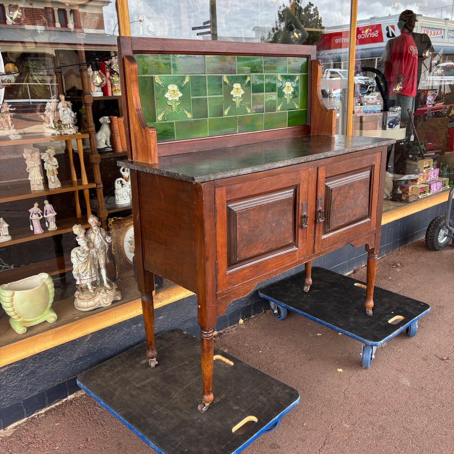 Edwardian Marble Top Washstand with Green Art Tiles c.1900