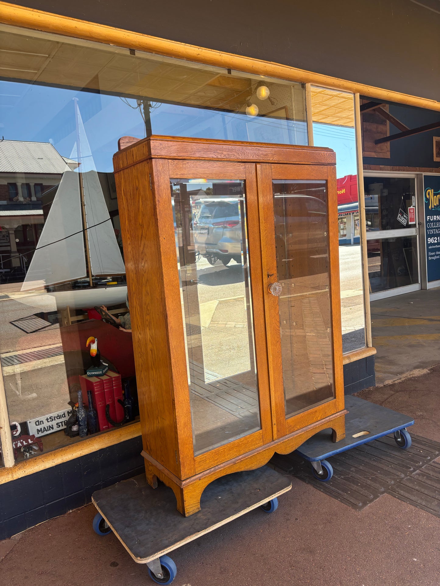 Antique oak mirror back display cabinet