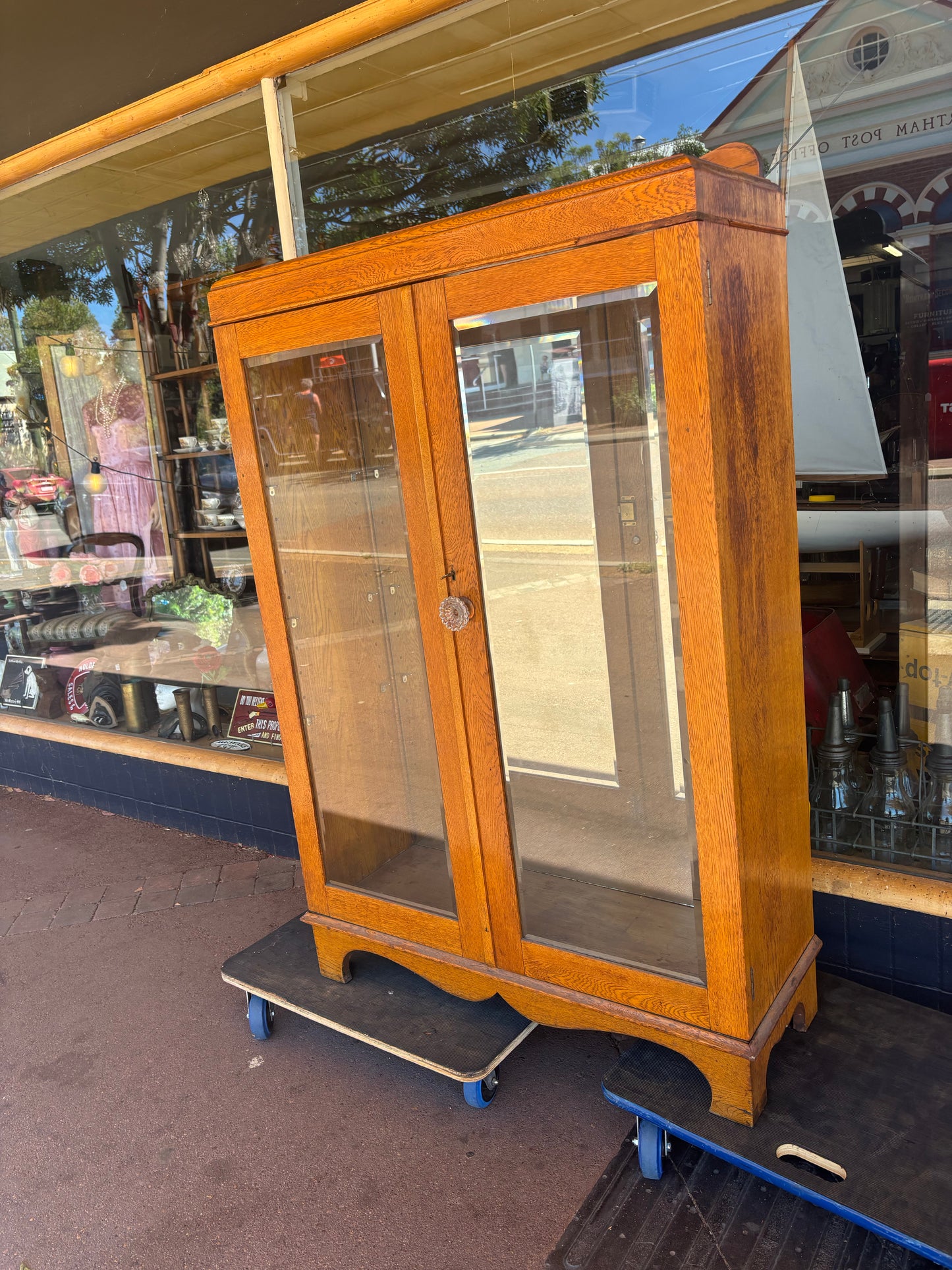 Antique oak mirror back display cabinet