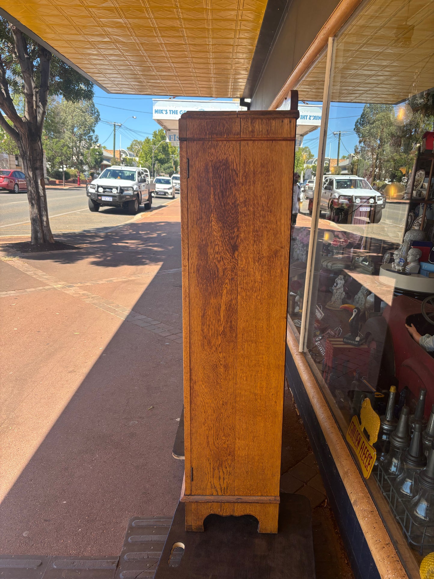 Antique oak mirror back display cabinet