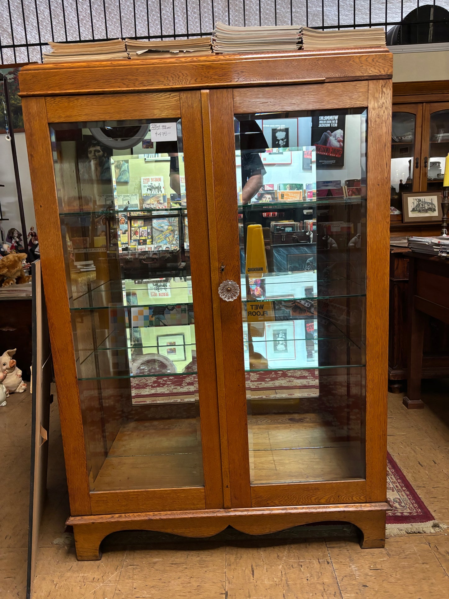Antique oak mirror back display cabinet