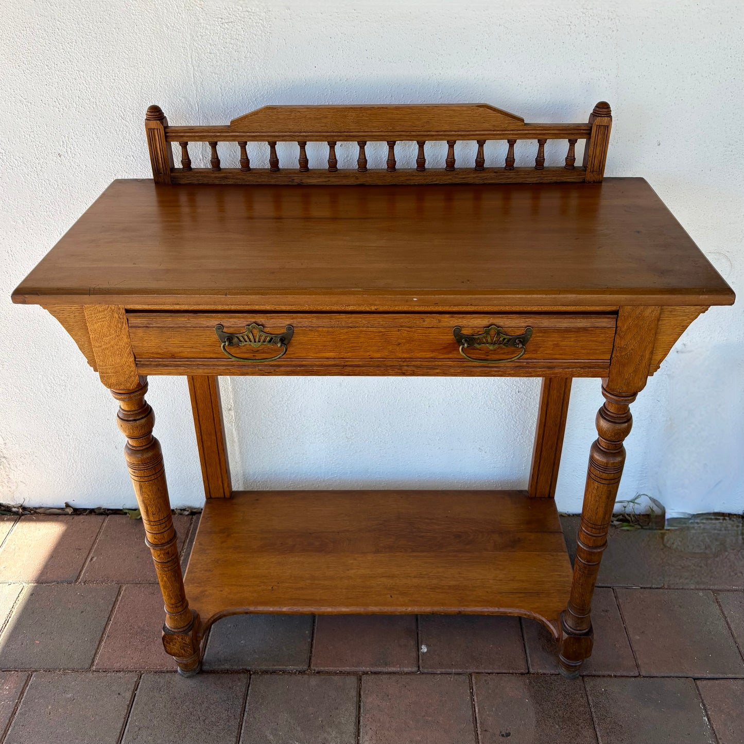 Antique Oak & Pine Occasional Table with Gallery Back & Drawer