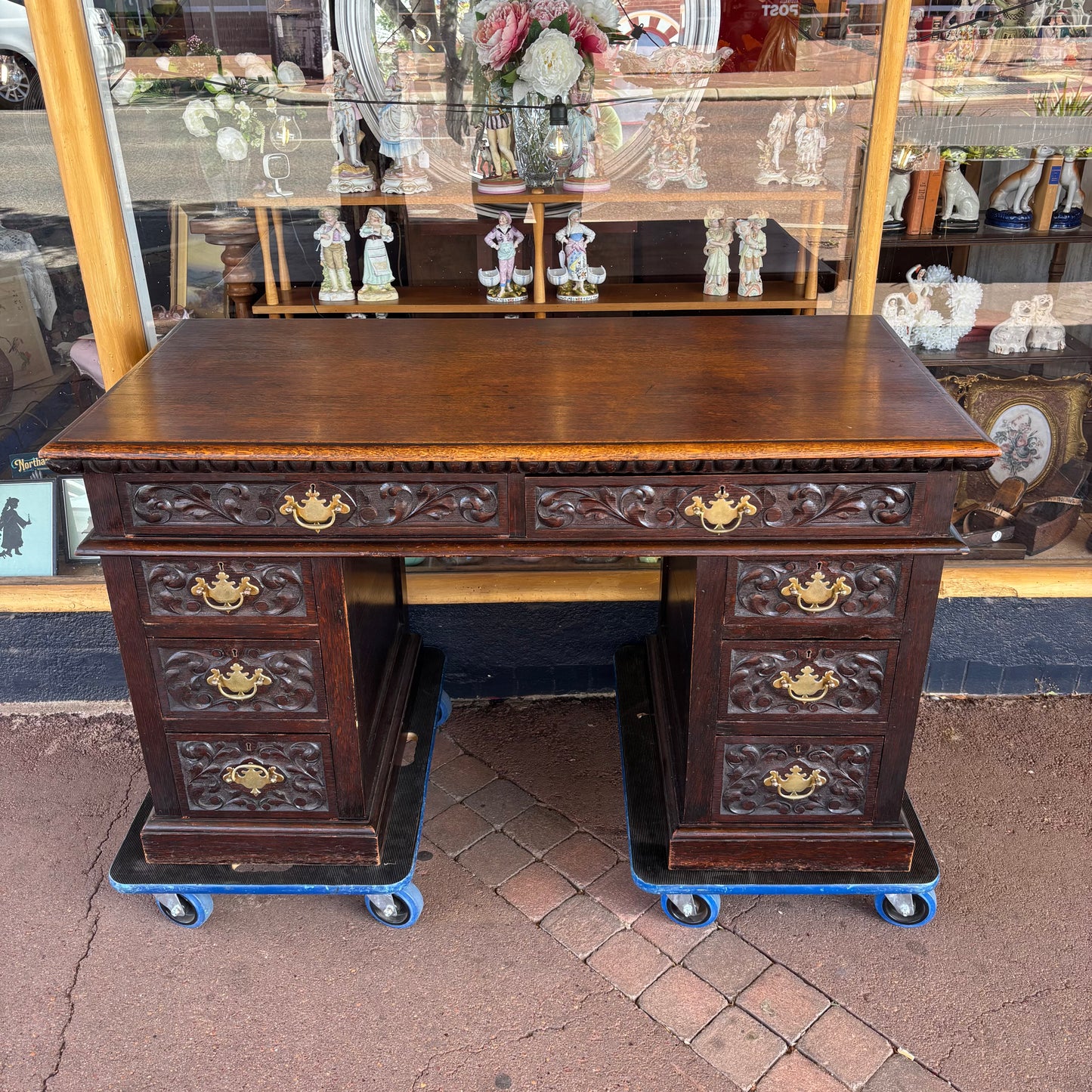 Antique Victorian Carved Oak Desk – Pedestal Writing Desk