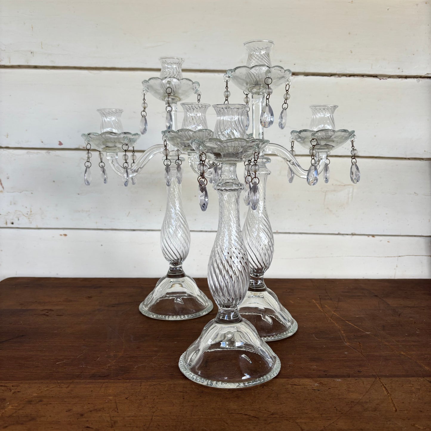 Set of Glass Candelabra with Crystal Drops (3 Pieces)
