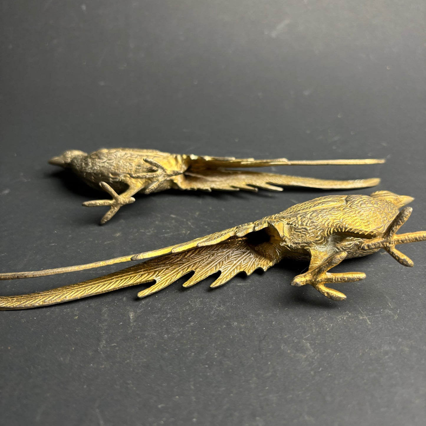 Vintage Cast Metal Pheasant Figurines – Pair – Brass Tone Long Tail Birds