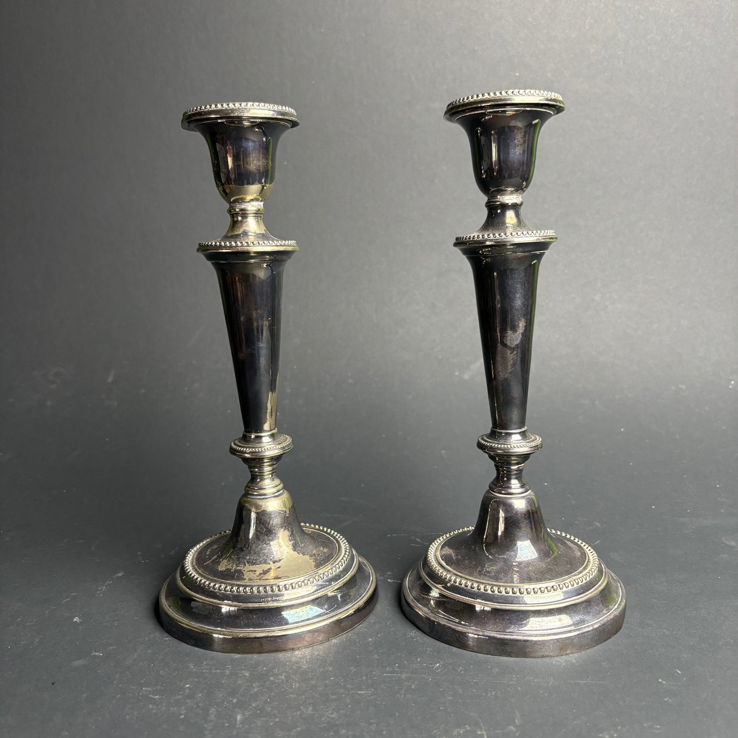 Pair of Vintage Silver Plate Candlesticks – Tall Beaded Edge Candle Holders