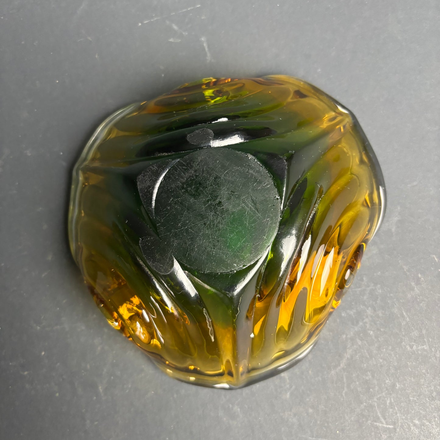 Mid Century Art Glass Freeform Bowl – Amber & Olive Green