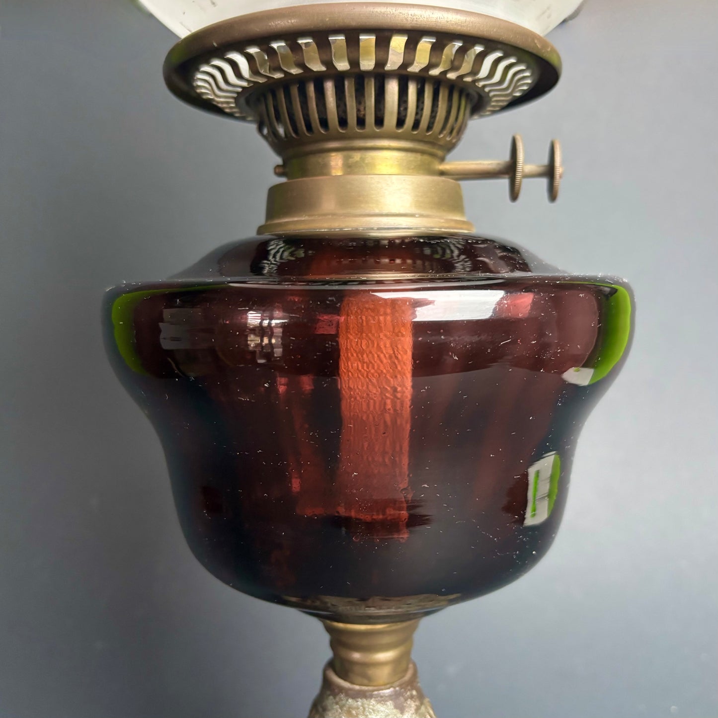Victorian Kerosene Oil Lamp – Cranberry Glass Font with Etched Globe & Cast Iron Base