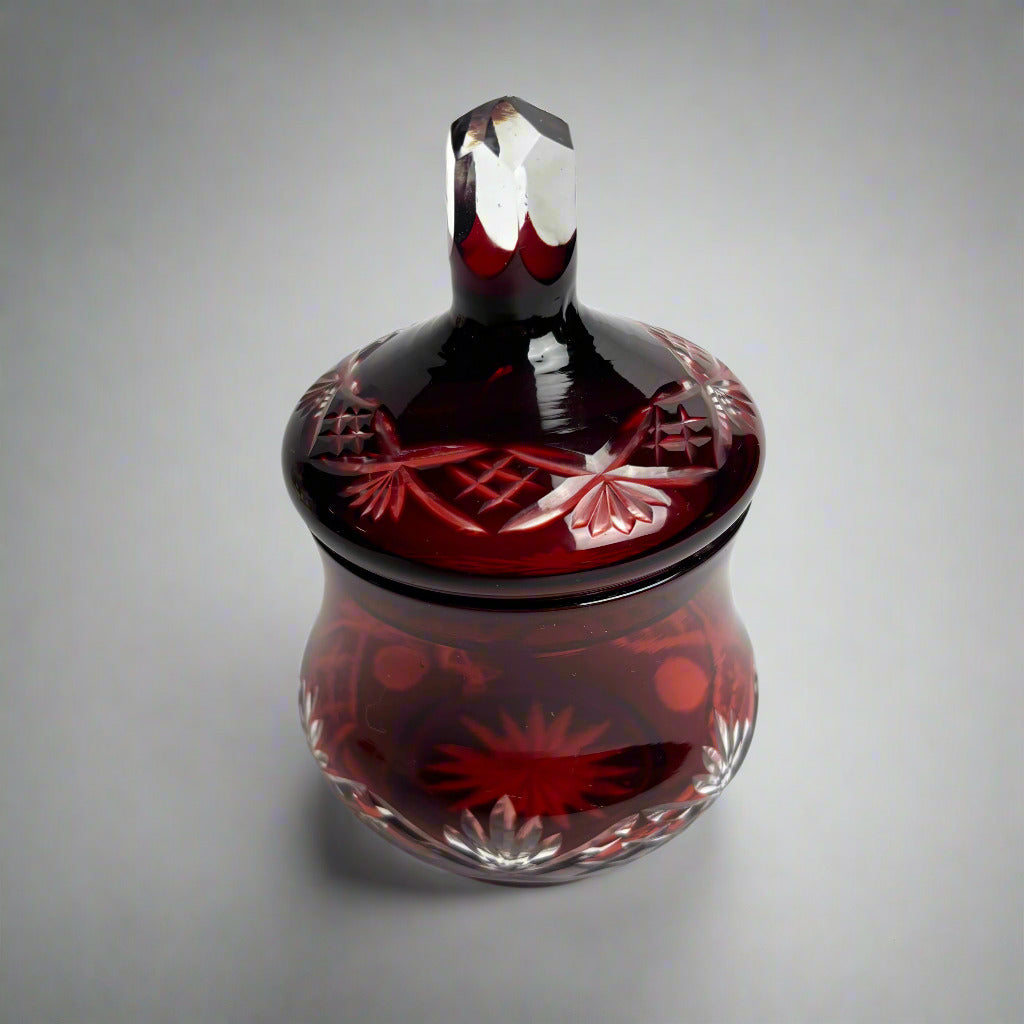 Vintage Bohemian Cranberry Ruby Red Cut to Clear Crystal Lidded Jar