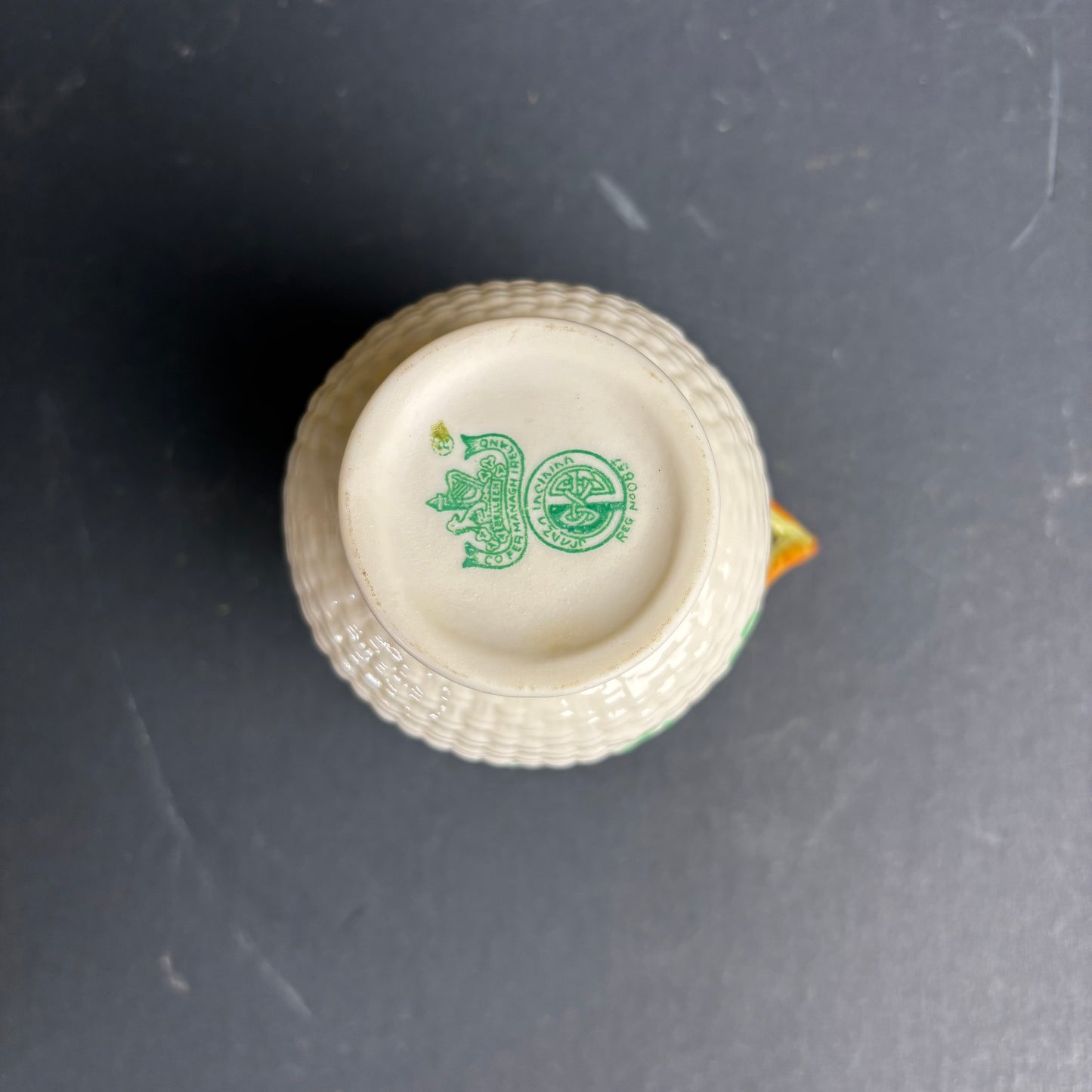 Belleek Ireland Shamrock Cream Jug – Basketweave Porcelain with Lustre Handle
