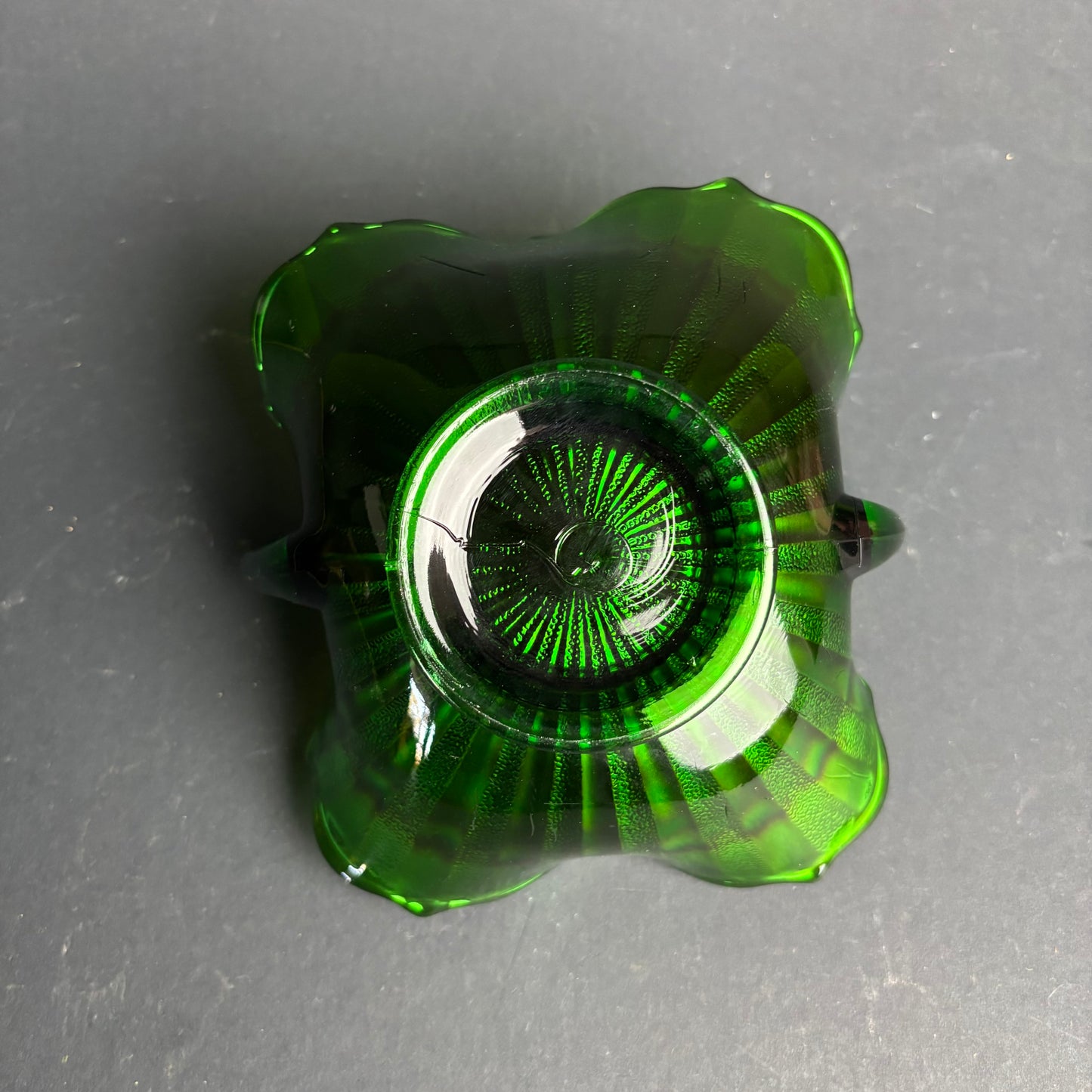 Vintage Green Carnival Glass Bowl with Handles – Iridescent Pressed Glass