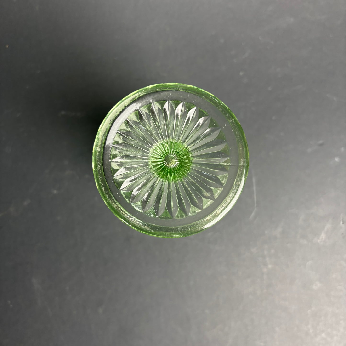 Vintage Green Pressed Glass Trumpet Vase – Art Deco Style Stepped Stem