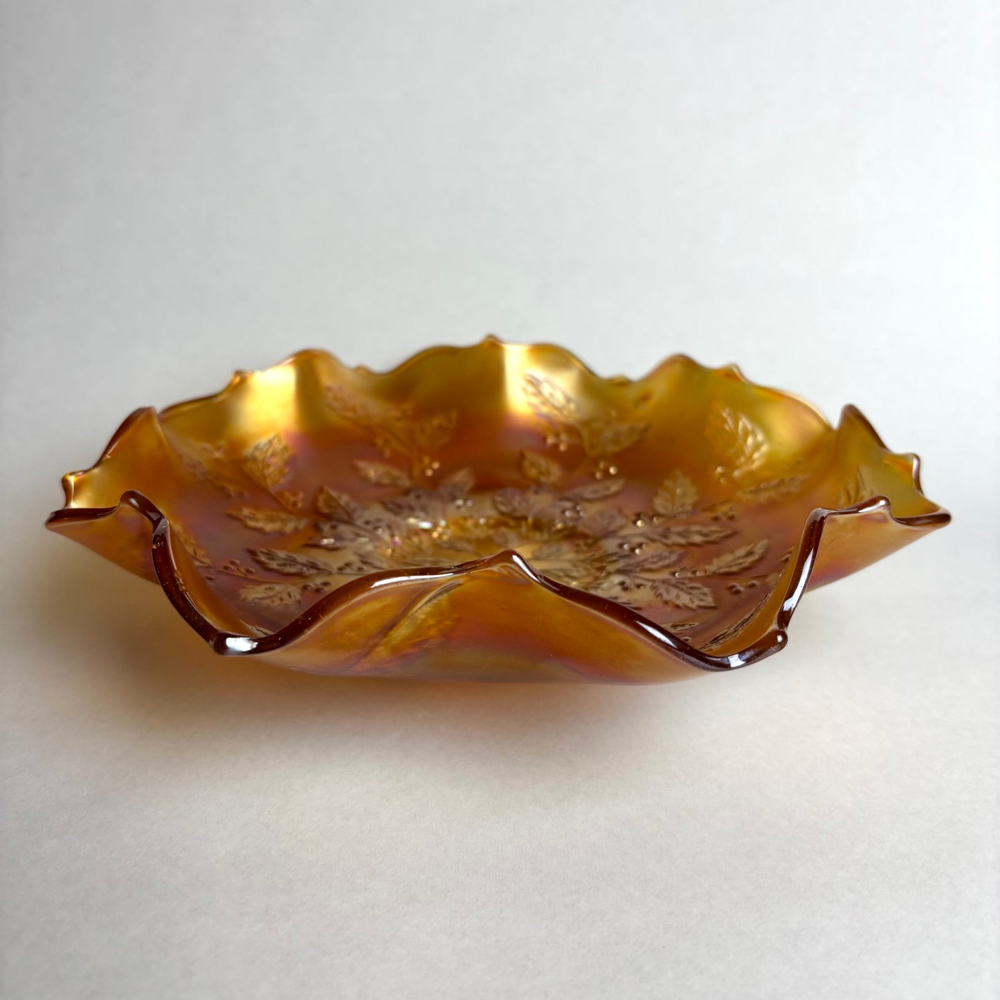 Fenton Holly Ruffled Edge Marigold Carnival Glass Bowl