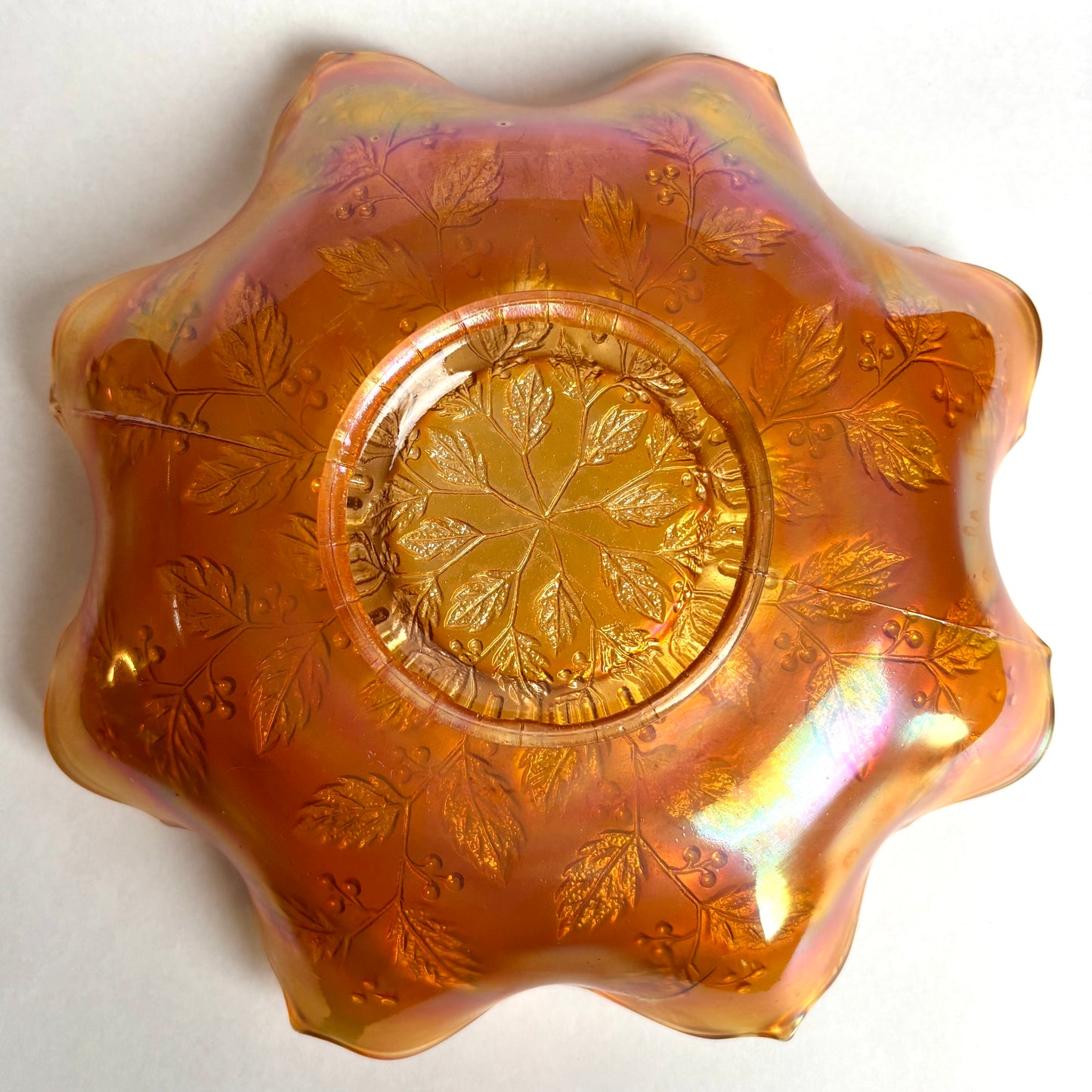 Fenton Holly Ruffled Edge Marigold Carnival Glass Bowl