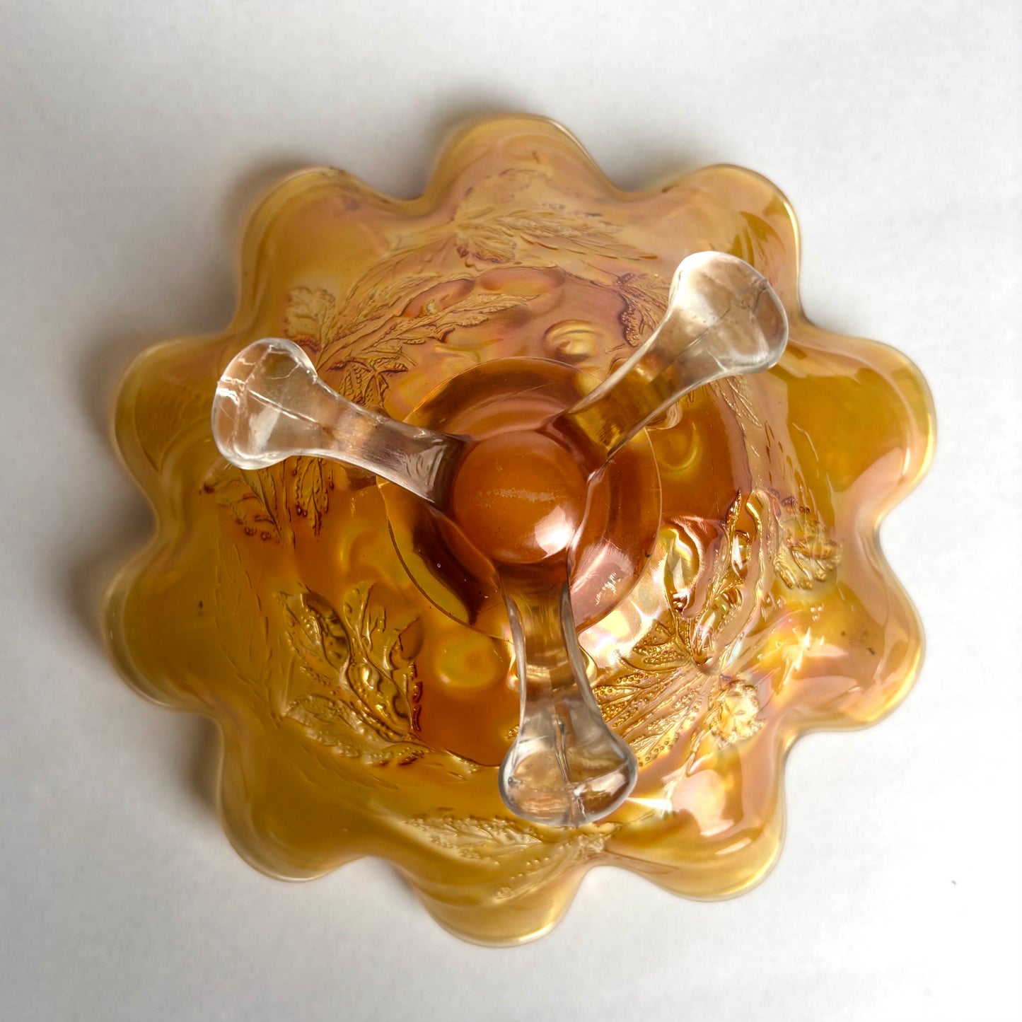 Dugan Cherries Splay Legged 10 Ruffle Marigold Carnival Glass Bowl