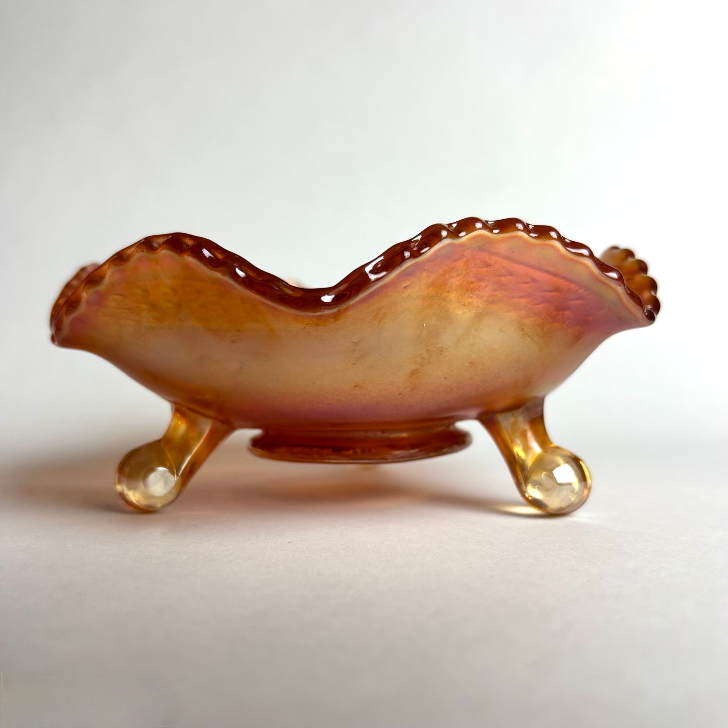 Fenton Two Flowers Marigold Ball Footed Carnival Glass Bowl