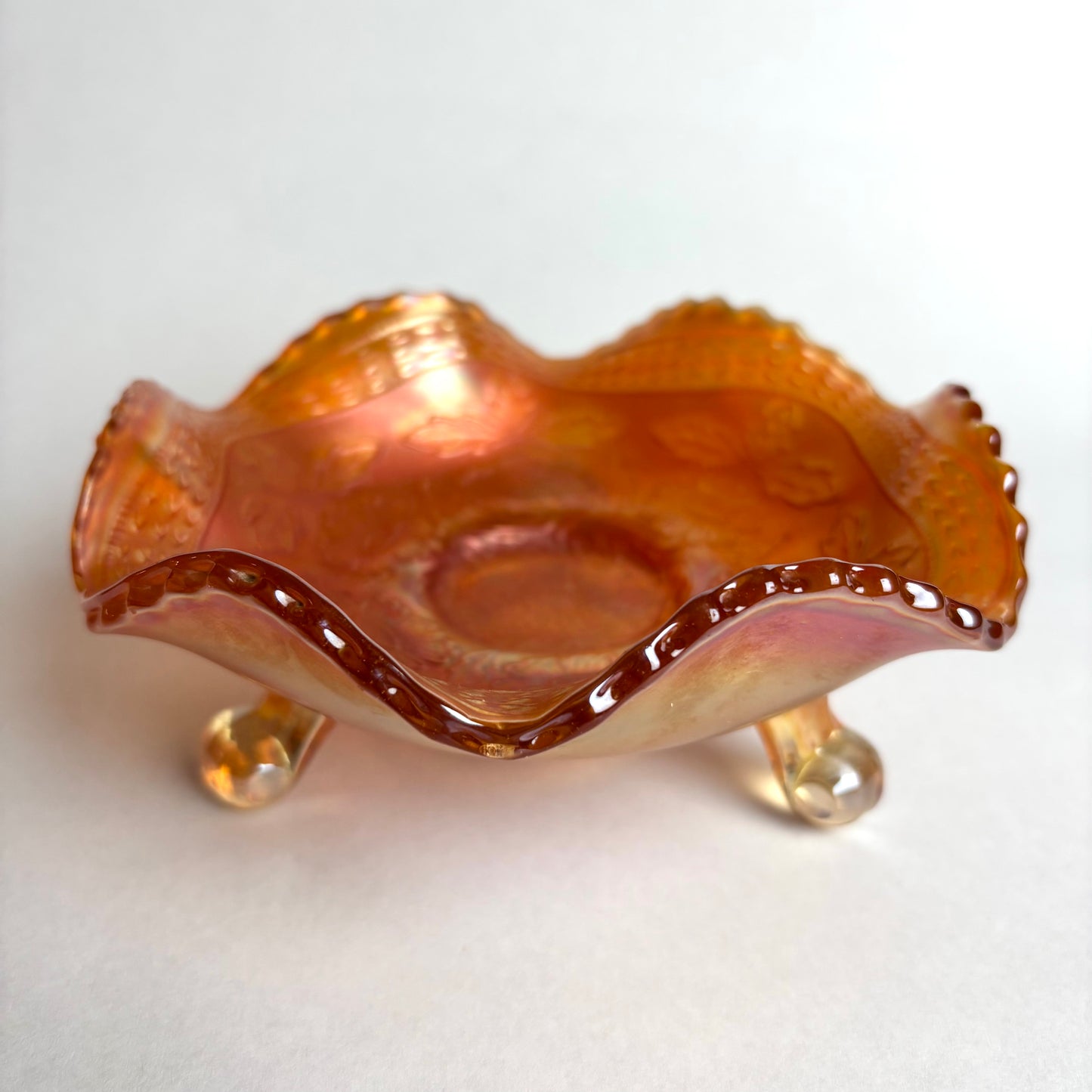 Fenton Two Flowers Marigold Ball Footed Carnival Glass Bowl