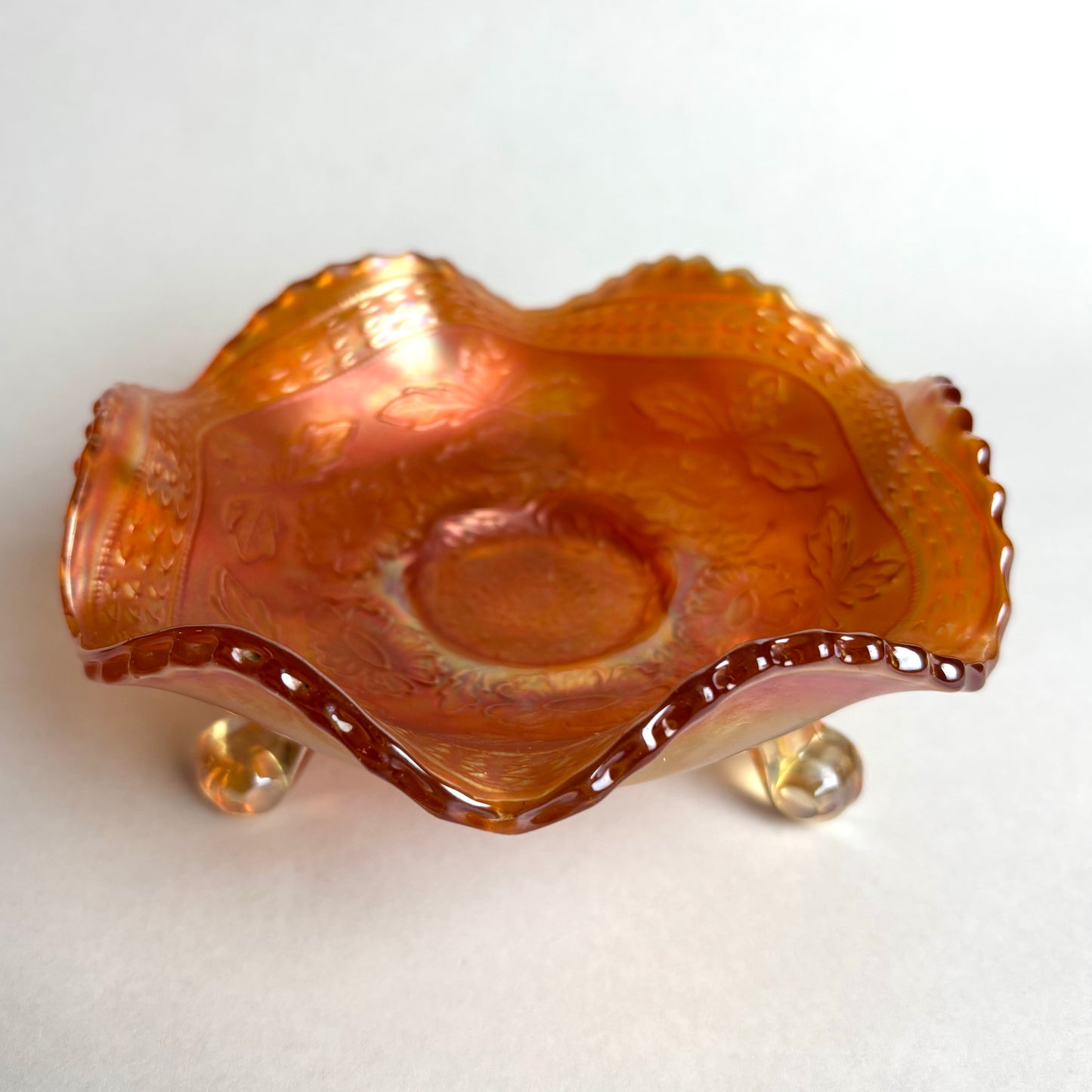 Fenton Two Flowers Marigold Ball Footed Carnival Glass Bowl