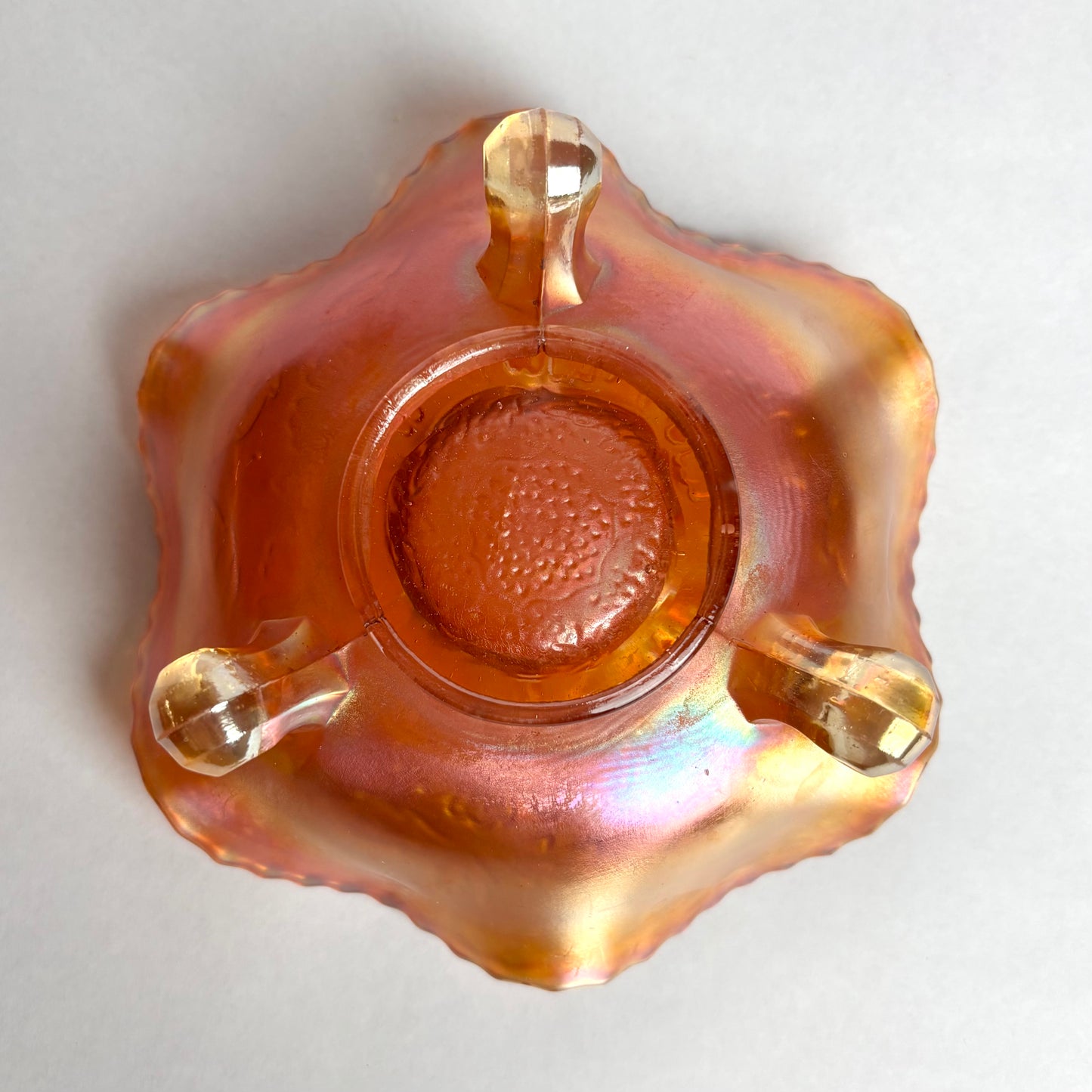 Fenton Two Flowers Marigold Ball Footed Carnival Glass Bowl