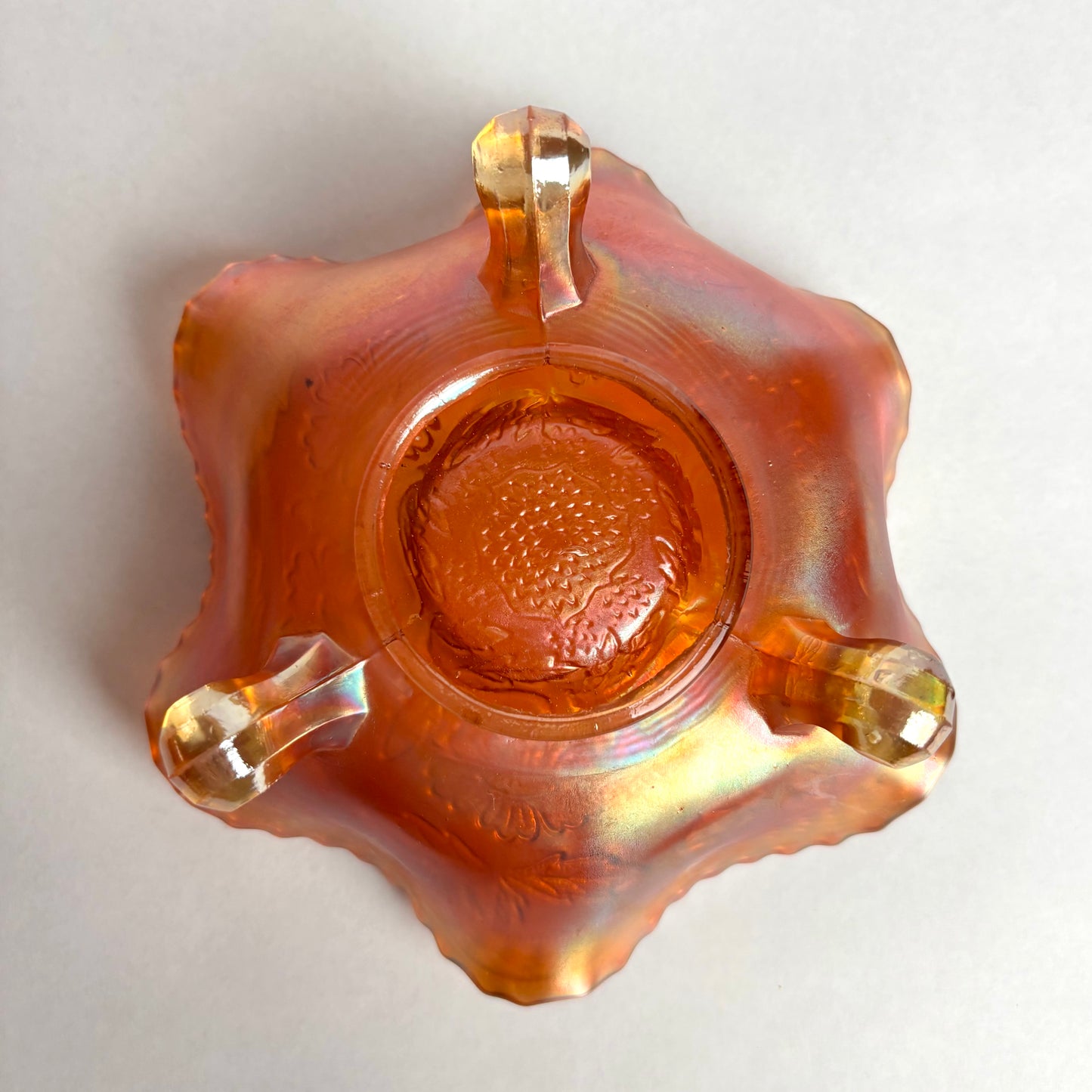 Fenton Two Flowers Marigold Ball Footed Carnival Glass Bowl