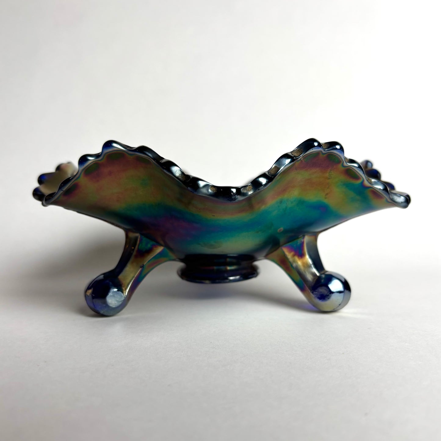 Fenton Footed Blue Amethyst Lotus & Grape Carnival Glass Bowl