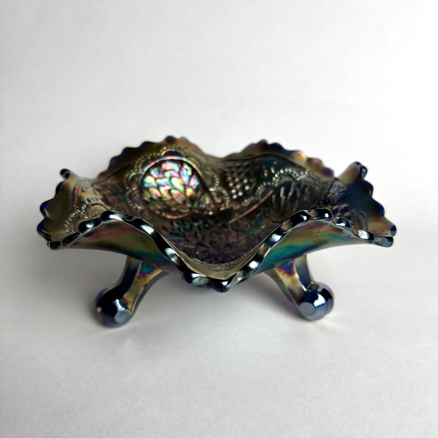 Fenton Footed Blue Amethyst Lotus & Grape Carnival Glass Bowl