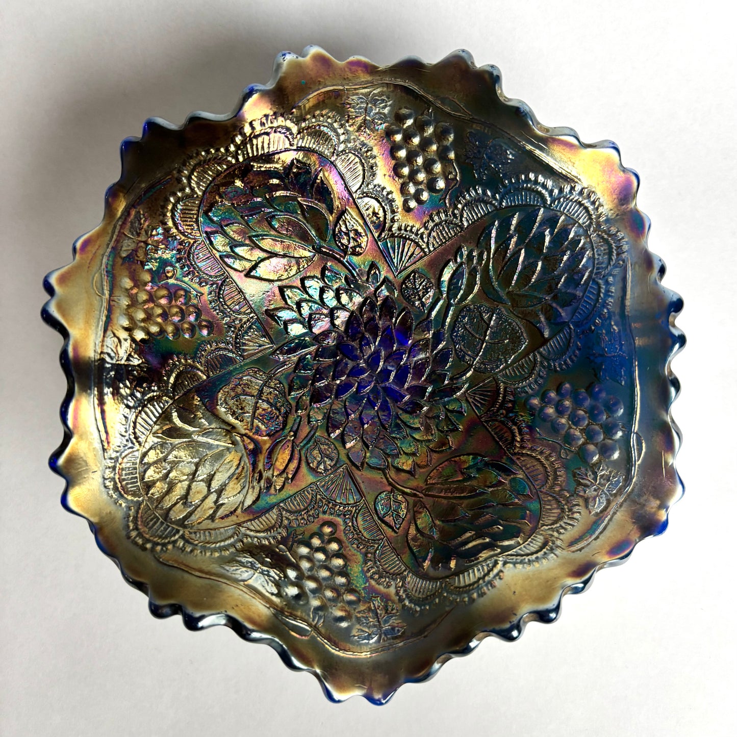 Fenton Footed Blue Amethyst Lotus & Grape Carnival Glass Bowl
