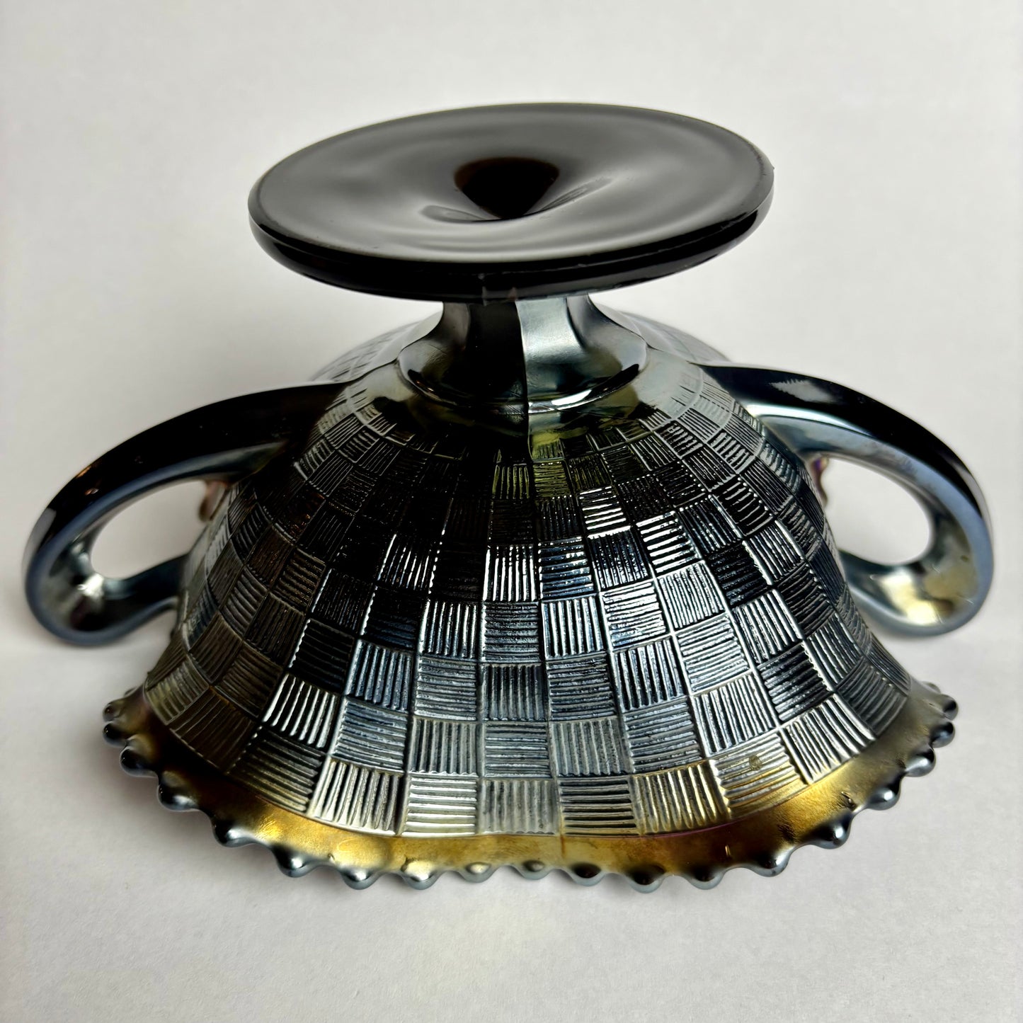 Northwood Cobalt Blue Fruits & Flowers Carnival Glass Bon Bon Dish Basket Weave Exterior