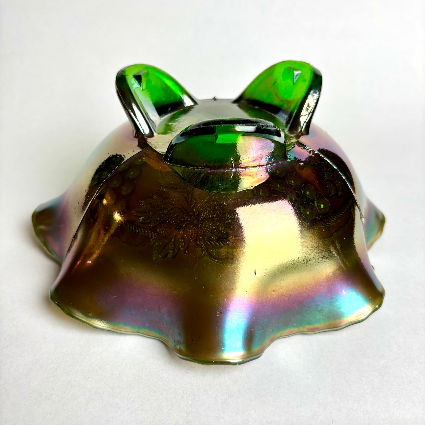 Northwood Footed Grape & Cable Ruffled Green Carnival Glass Bowl