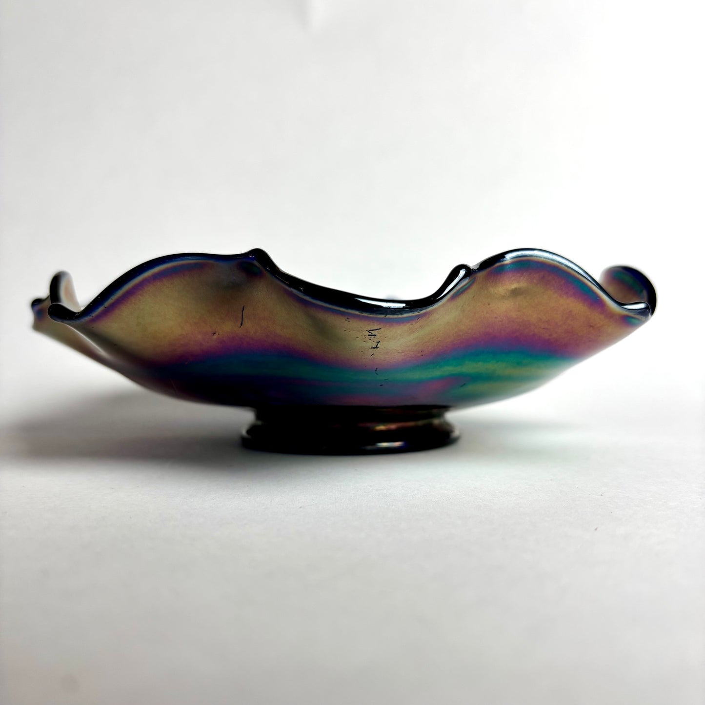 Fenton Blue Glass Grape Vine Iridescent Ruffled Edge Amethyst Carnival Glass Bowl