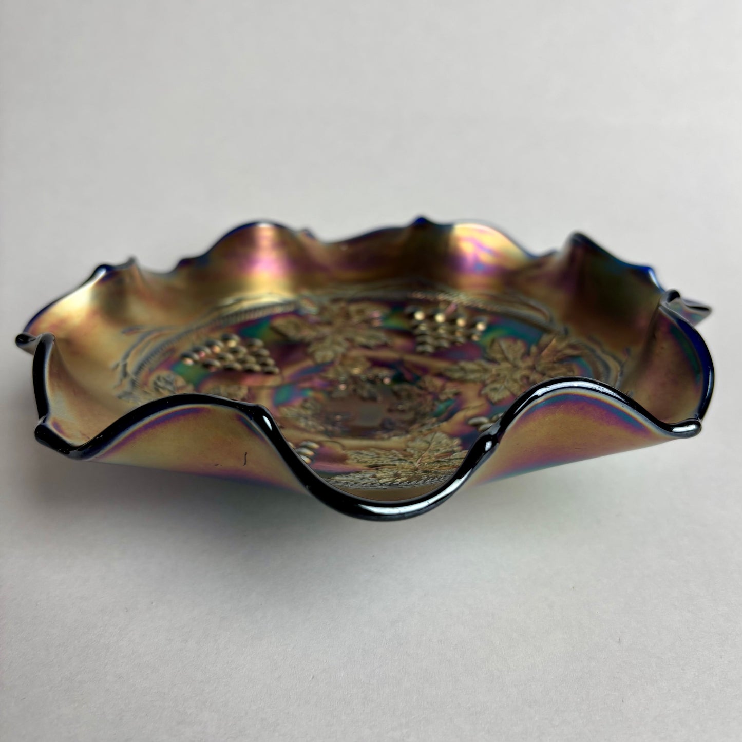 Fenton Blue Glass Grape Vine Iridescent Ruffled Edge Amethyst Carnival Glass Bowl