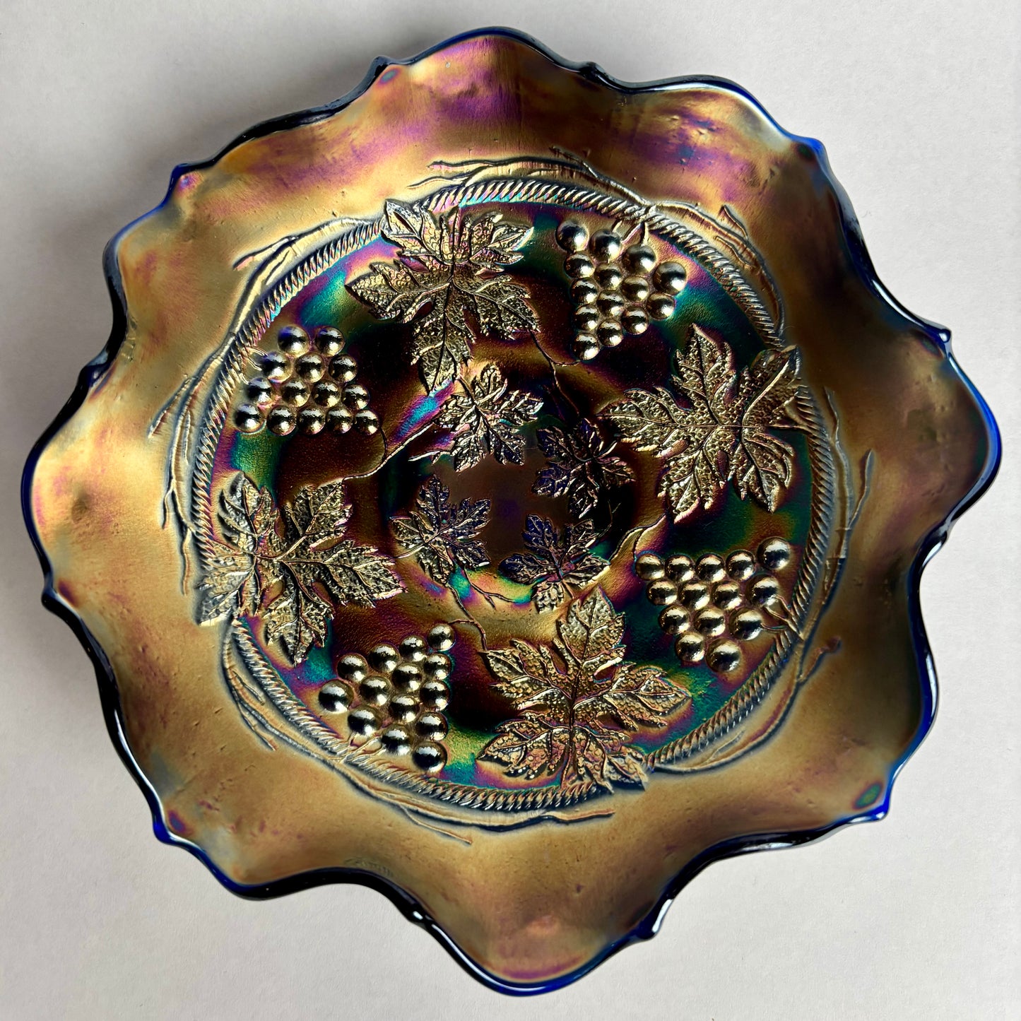 Fenton Blue Glass Grape Vine Iridescent Ruffled Edge Amethyst Carnival Glass Bowl