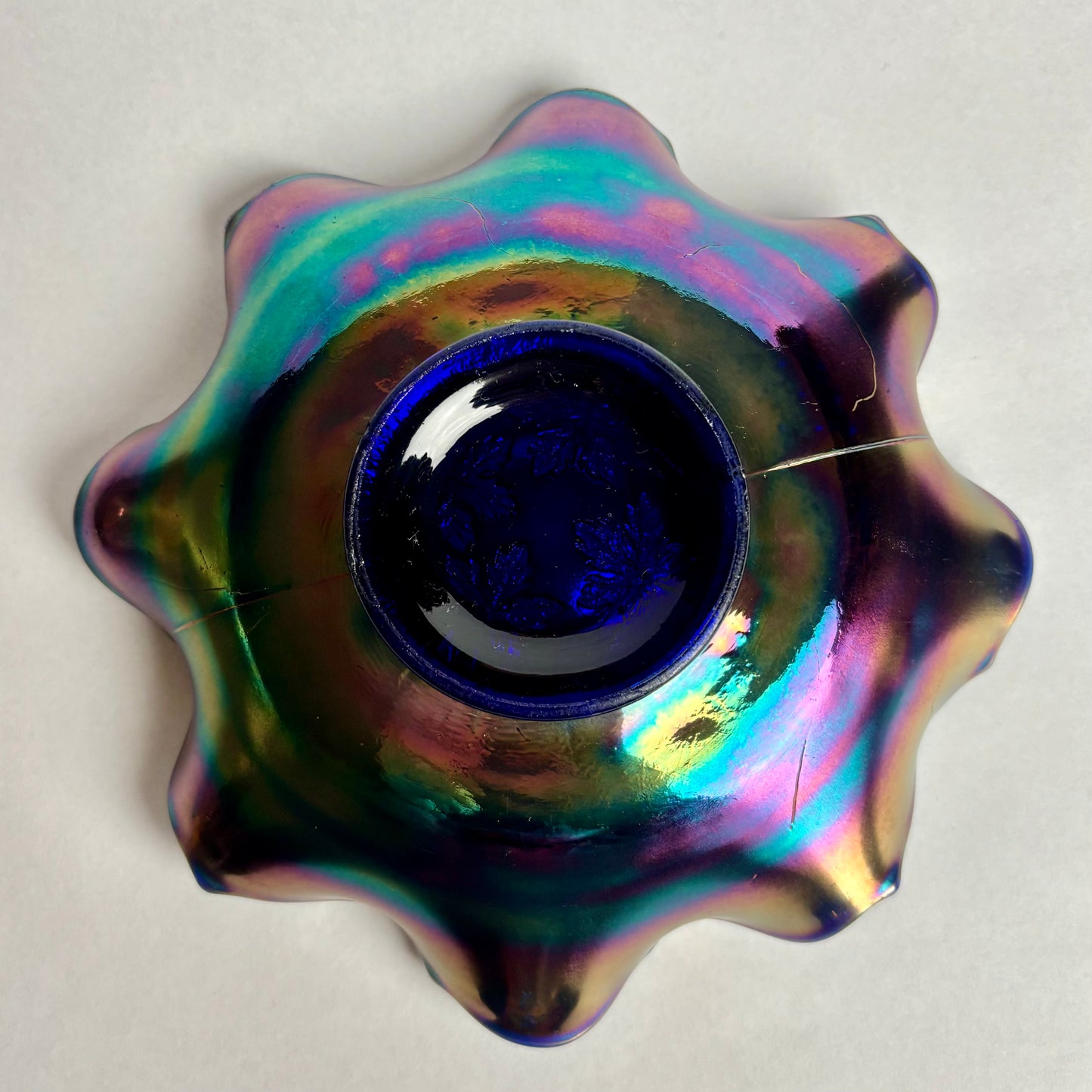 Fenton Blue Glass Grape Vine Iridescent Ruffled Edge Amethyst Carnival Glass Bowl