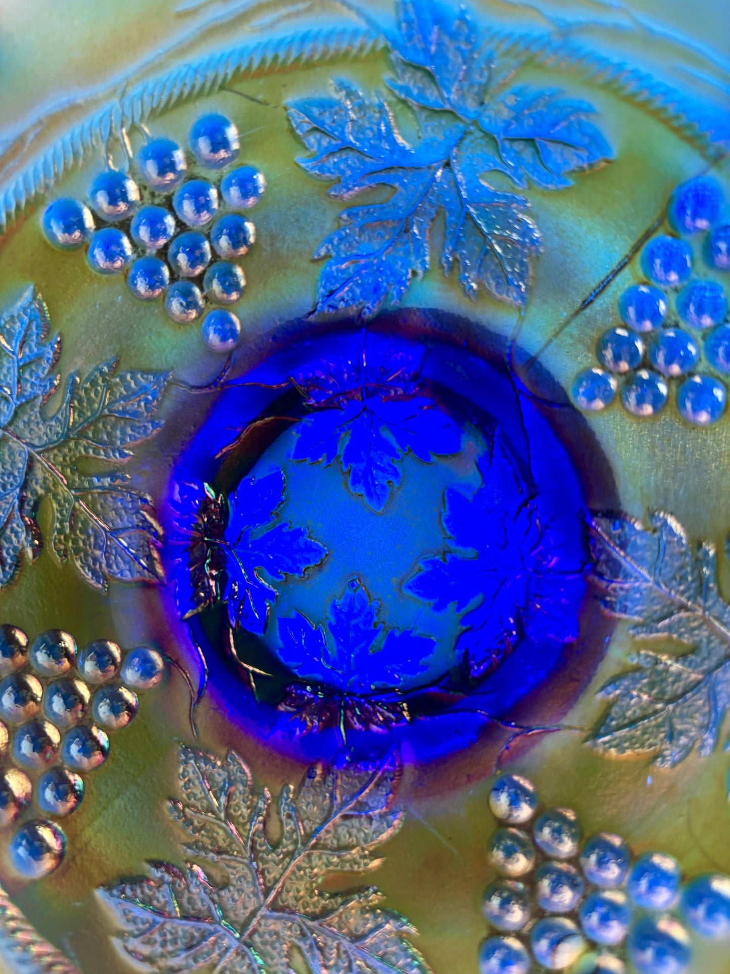 Fenton Blue Glass Grape Vine Iridescent Ruffled Edge Amethyst Carnival Glass Bowl