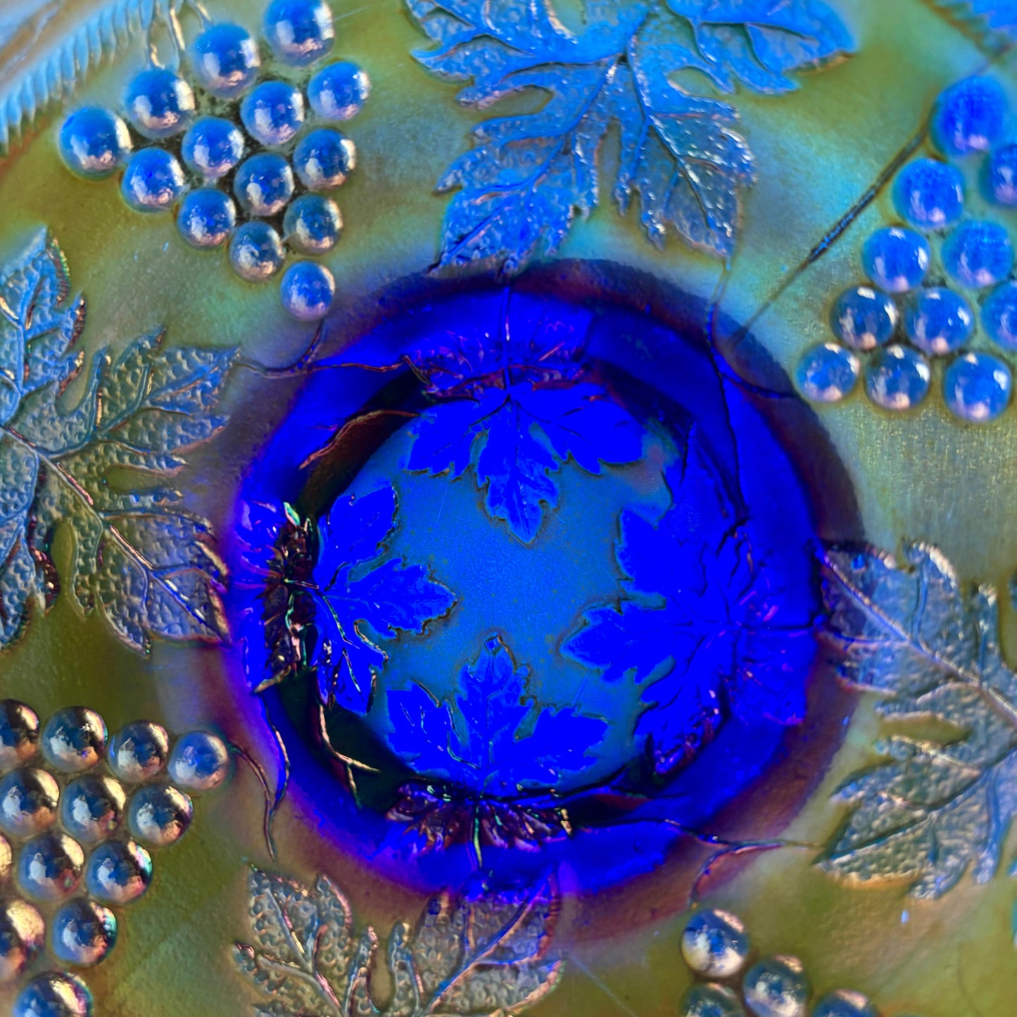 Fenton Grape Vine Carnival Glass Bowl Blue Amethyst Iridescent Ruffled c1900s