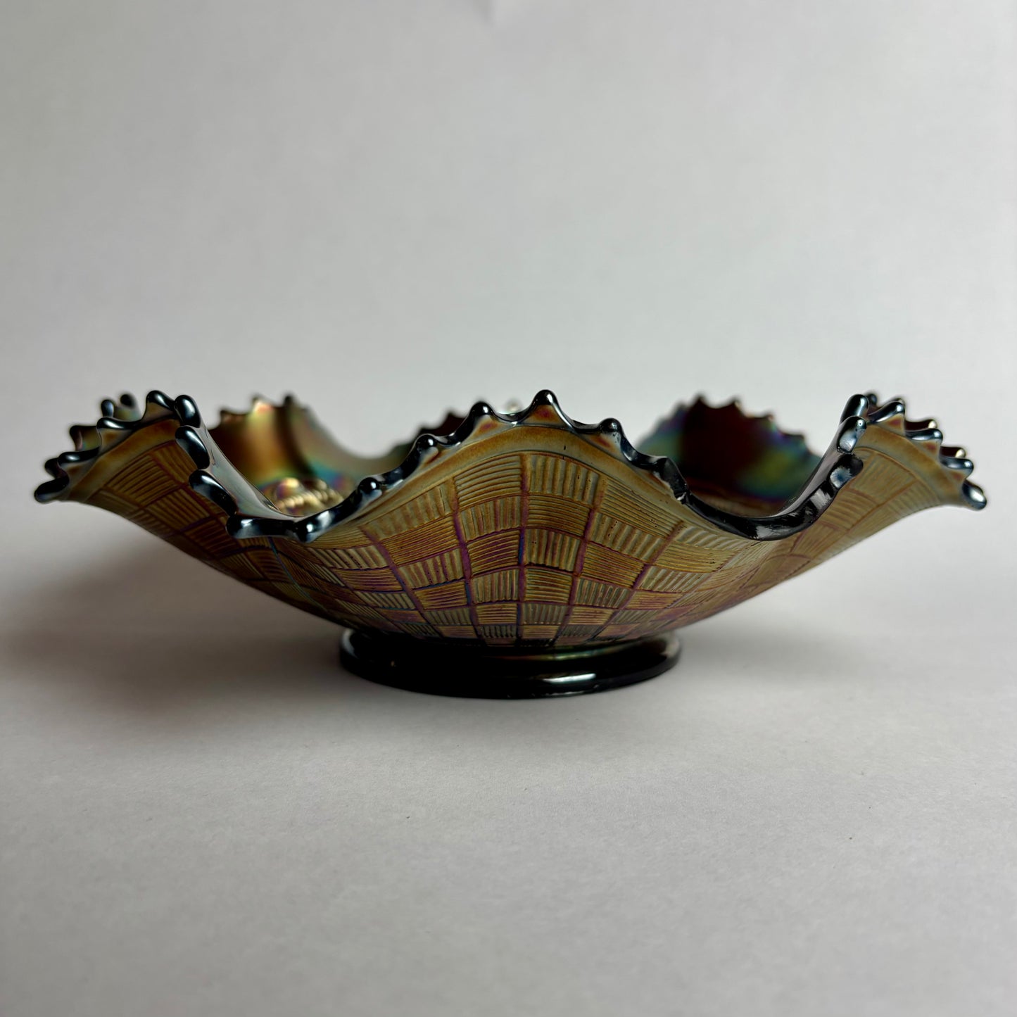 Northwood Grape & Cable Amethyst Ruffle Carnival Glass Bowl