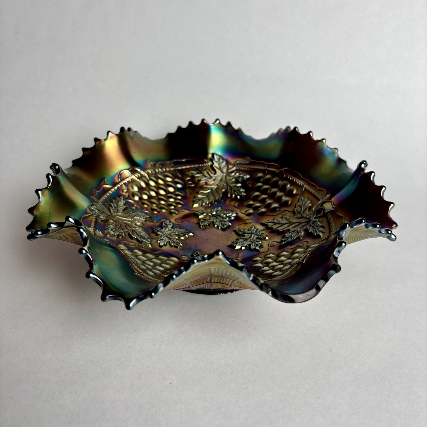 Northwood Grape & Cable Amethyst Ruffle Carnival Glass Bowl