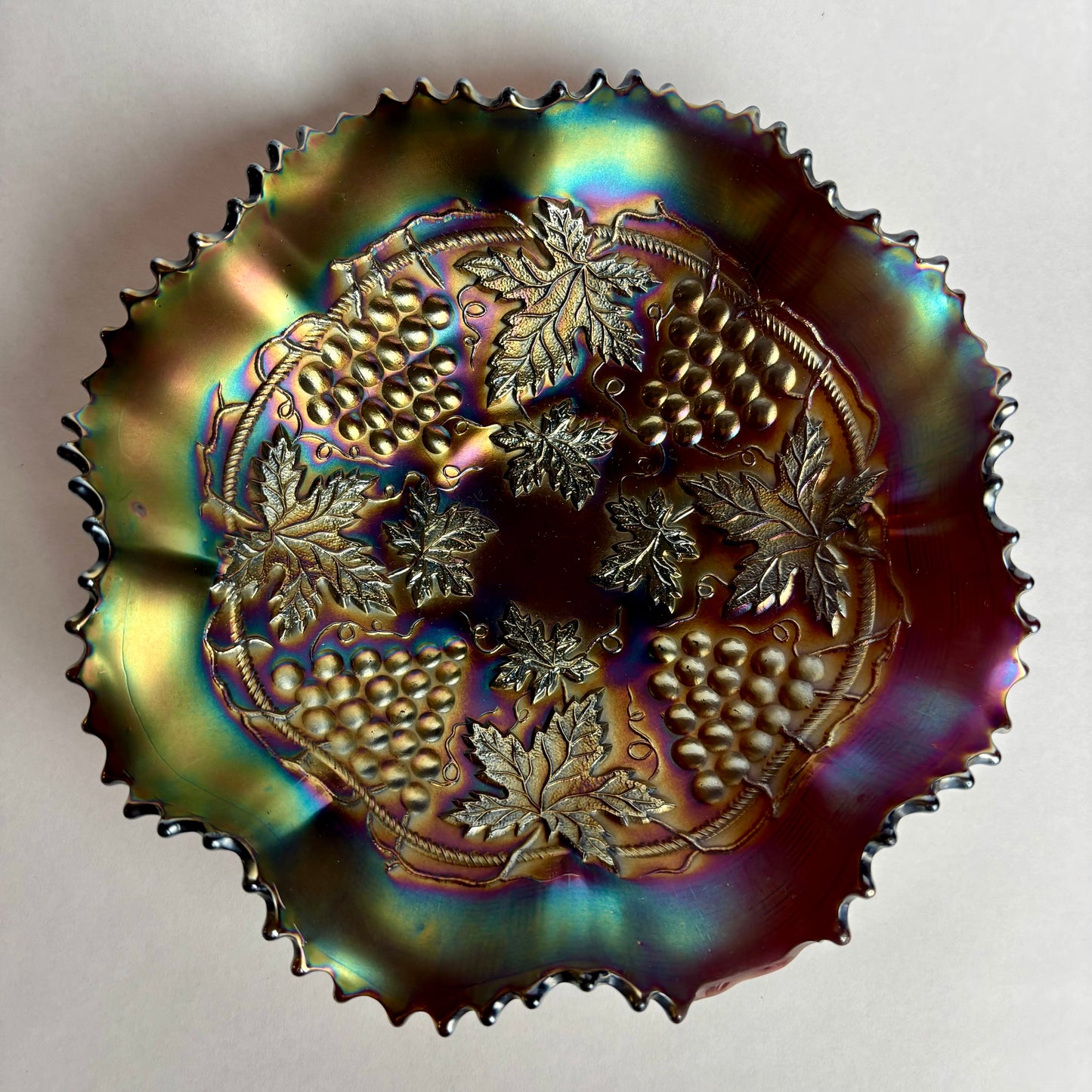 Northwood Grape & Cable Amethyst Ruffle Carnival Glass Bowl