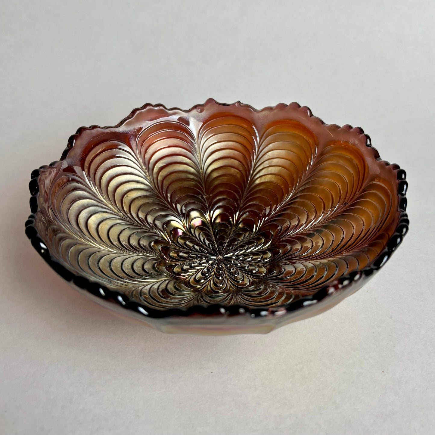 Fenton Amethyst Peacock Tail Carnival Glass Bowl