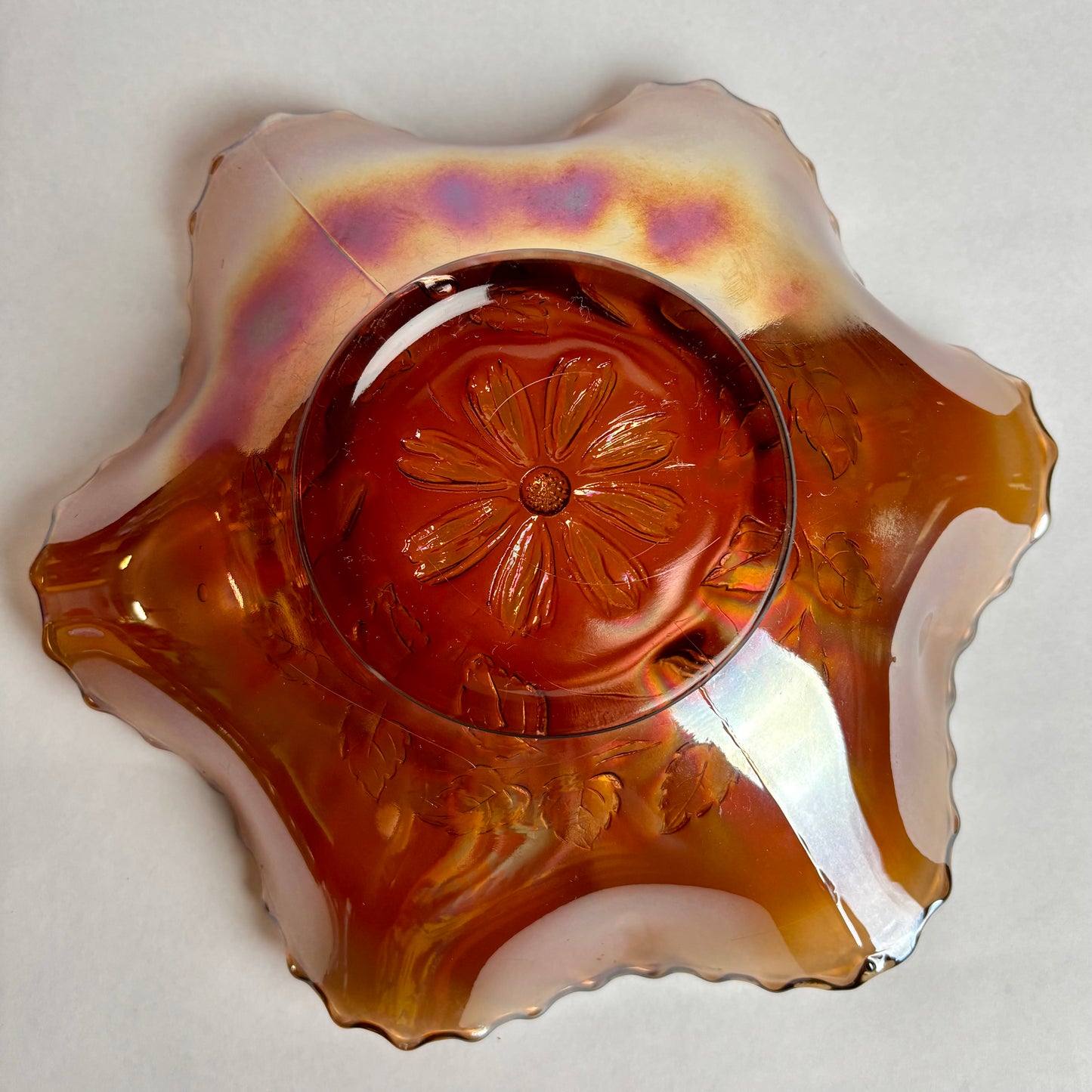 Dugan Cosmos Variant Marigold Carnival Glass Bowl