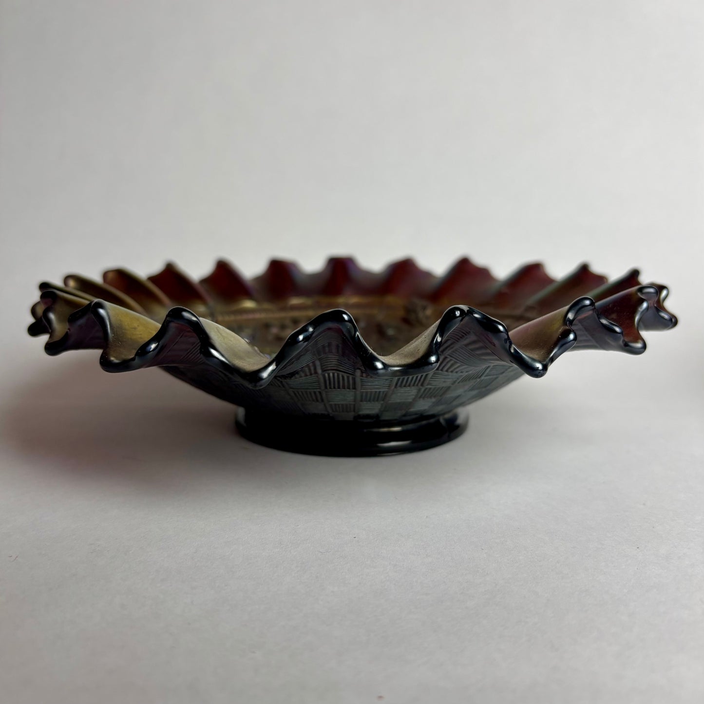 Northwood Grape Leaf Amethyst Carnival Glass Bowl Iridescent Ruffled